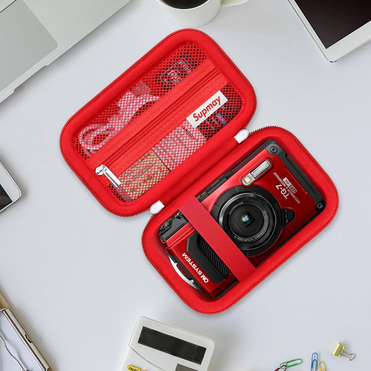 Carrying Case for OM System OLYMPUS Tough TG-7 / Tough TG-6 / TG-5 / TG-4 Underwater Digital Camera, Storage Holder Travel Bag with Mesh Pocket for Battery Pack, Charging Cable, Red