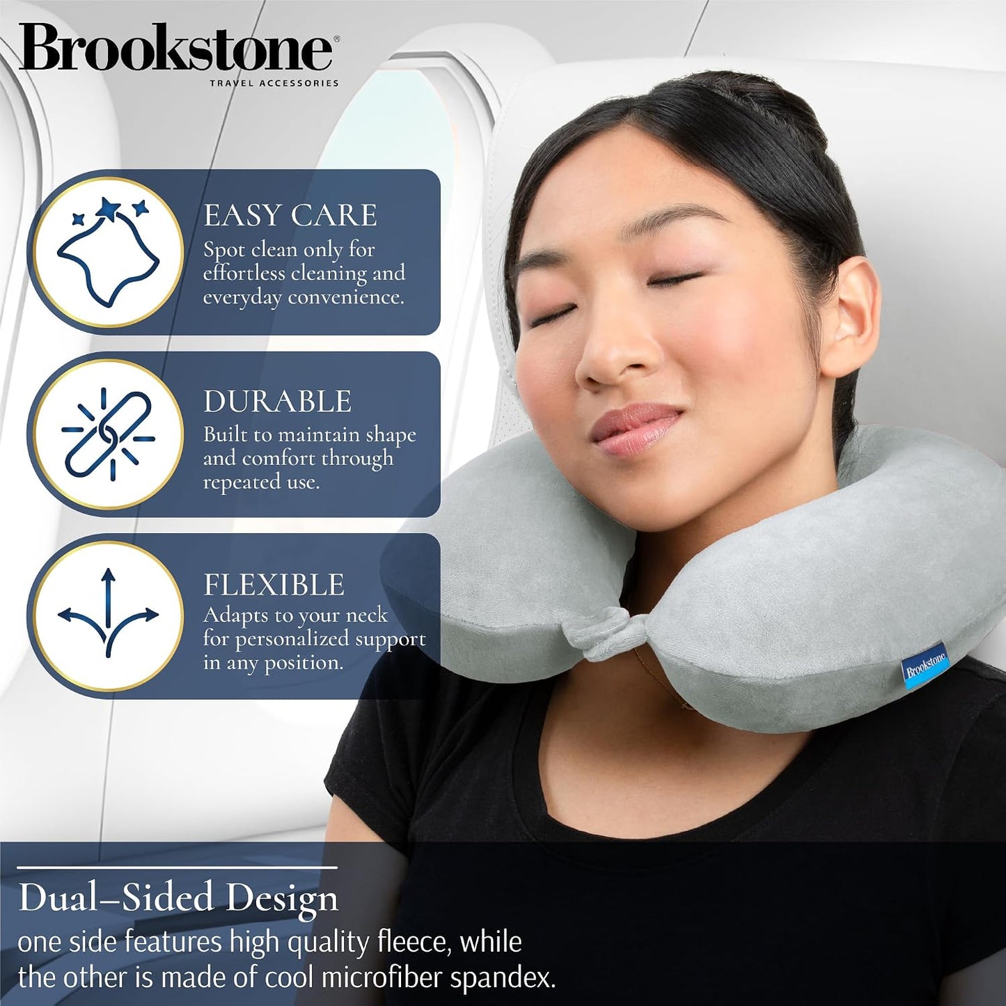Brookstone Travel Neck Pillow - Lightweight U-Shaped Memory Foam Travel Pillow for Airplane, Car Travels & Sleeping, Grey
