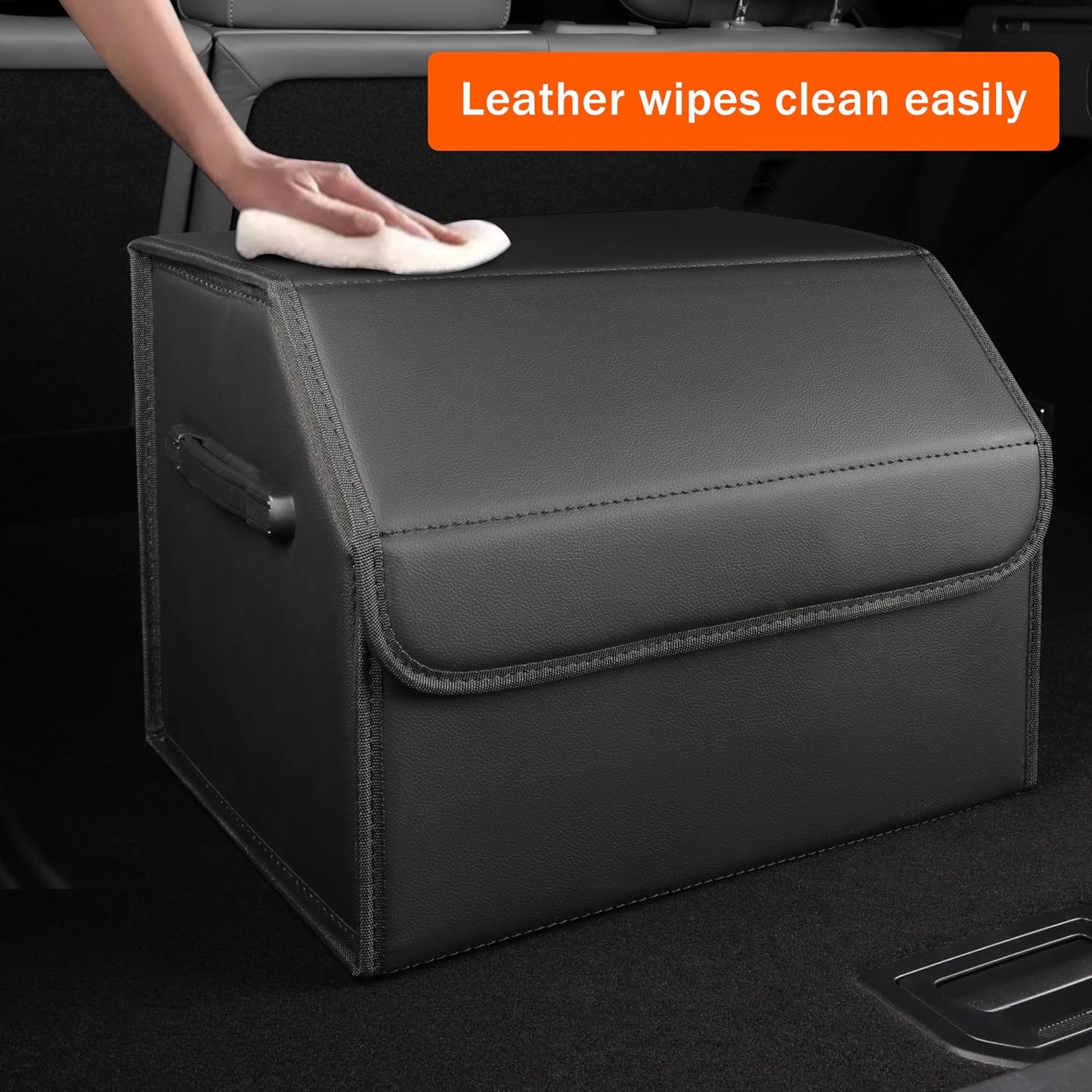 Trunk Organizer,car organizers and storage,black Leather Storage Box with lid,Fiberboard,Collapsible,15''L x 13''W x 12.4''H,2K inches³(size A)