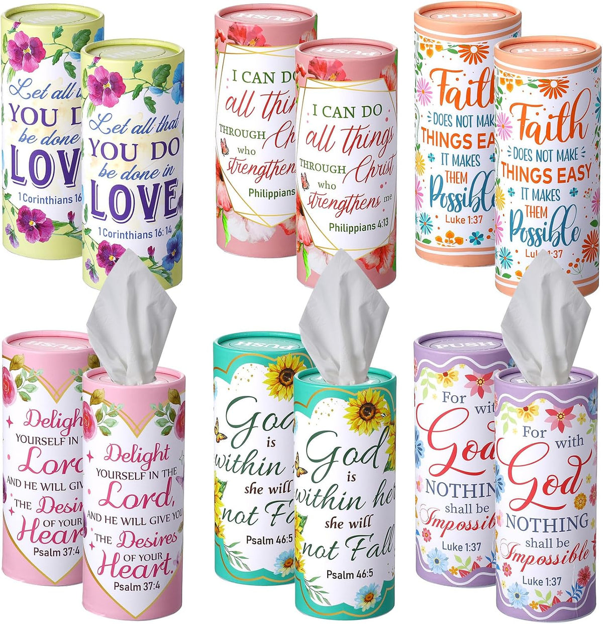 Outus 12 Pack Christian Car Tissues Cylinder Holder with Facial Tissue Bulk Round Bible Verses Napkins Container for Car Home Travel Prayer Church Gifts, 6 Designs
