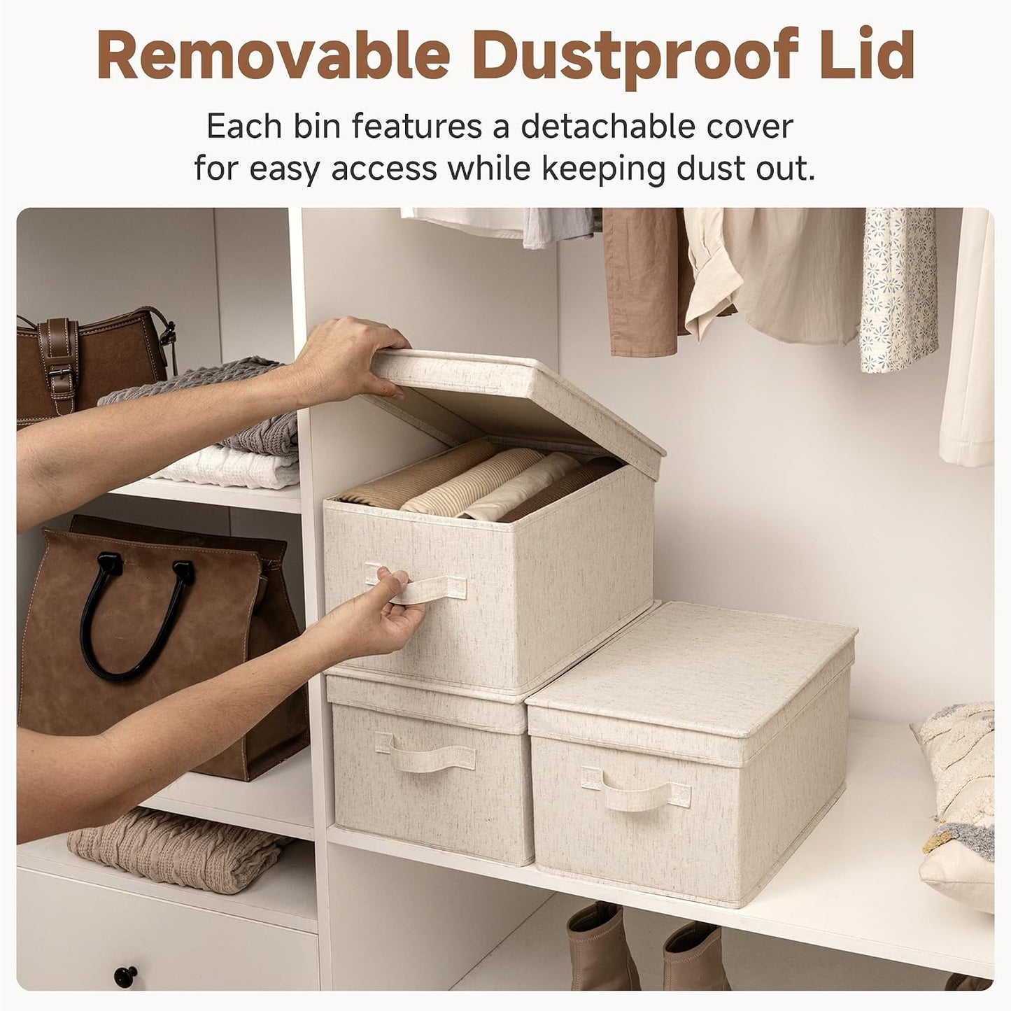 StorageWorks Fabric Storage Bins with Lids, Decorative Storage Bins with Soft Handles, Foldable Storage Baskets for Closet, Shelves, Stackable and Sturdy Organization, Beige, Large, 3-Pack