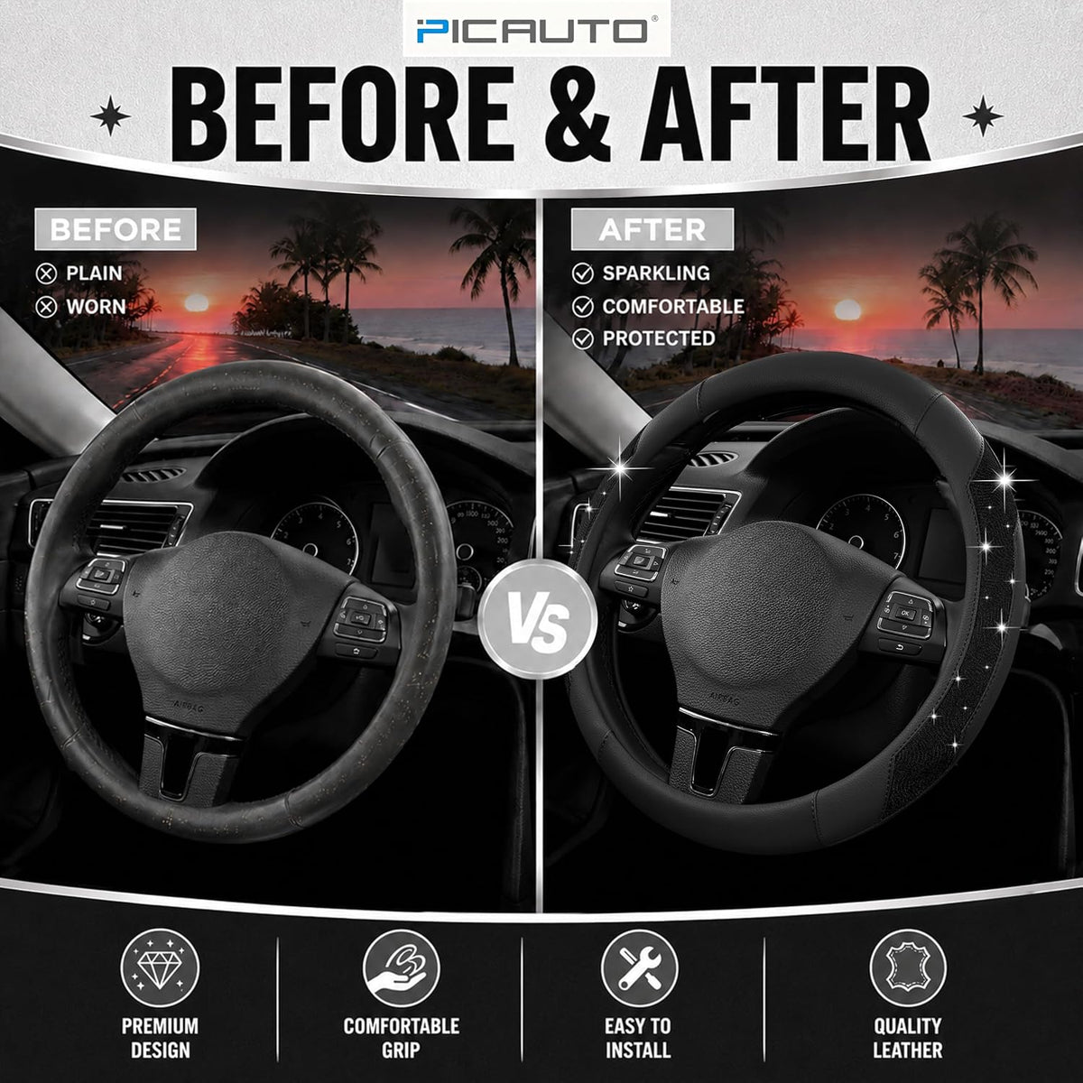 PIC AUTO Steering Wheel Cover, Black Sparkly Crystal Bling Glitter with Leather, Universal Fit 14.5"-15.5" Car Steering Wheels for Girls & Women, Anti-Slip Wheels Cover for Cars, Trucks, Van, SUVs