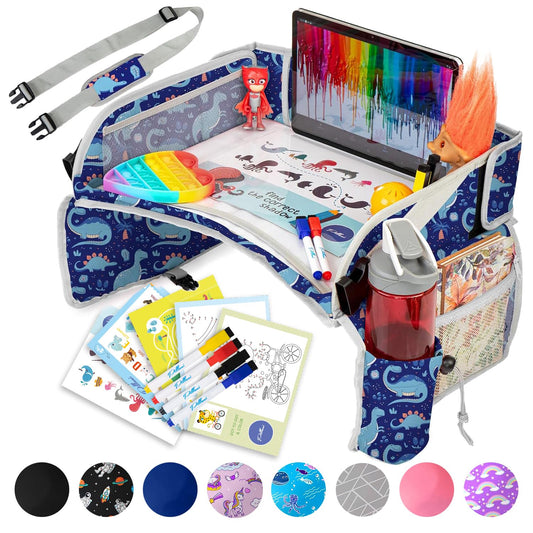 PILLANI Kids Travel Tray for Car - Toddler Essentials for Road Trip, Carseat Tray for Kids Travel, Car Activities for Kids Ages 4-8 w/ Activity Sheets & Pens, Tablet Holder, Dry Erase Board,Cup Holder