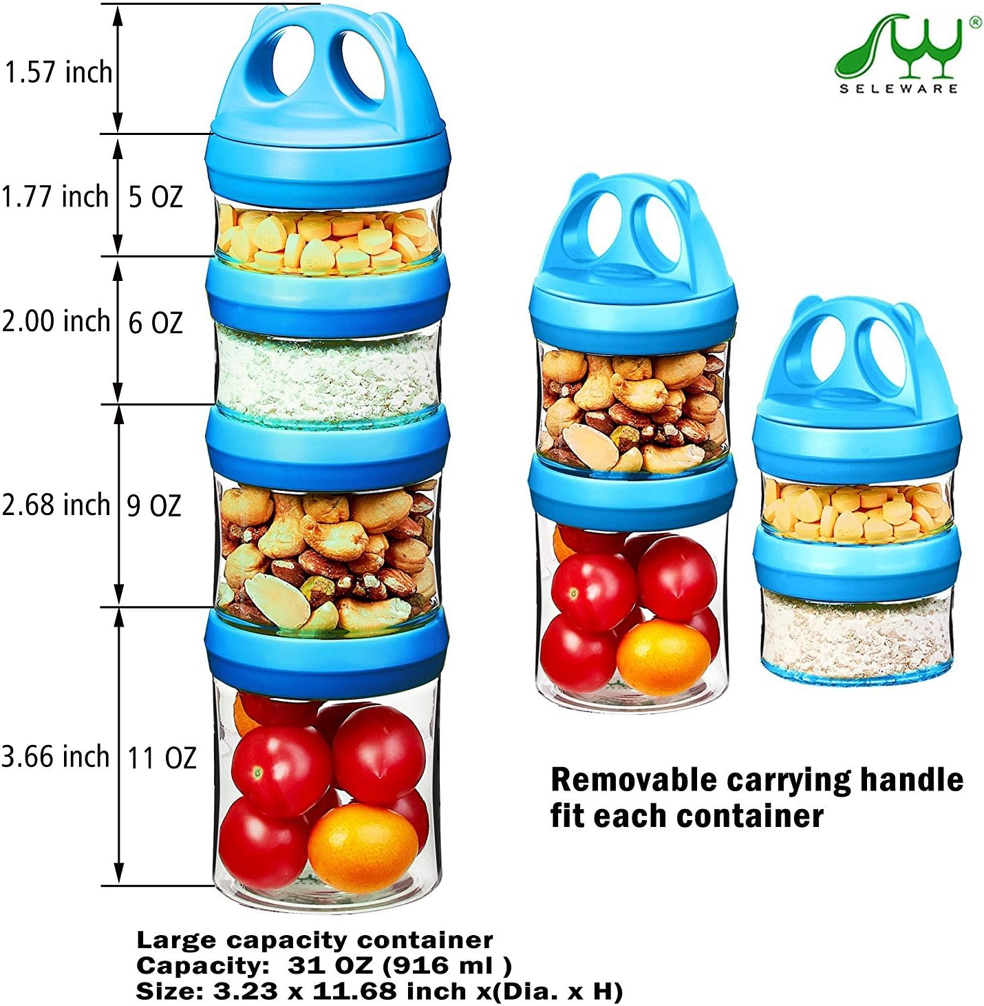 SELEWARE Blue Stackable Snack Containers for Kids Toddlers Adults, 31oz | Portable Food Storage Containers for Snacks Formula Powder Drinks and Travel, Twist Lock System Airtight Leak-proof BPA Free