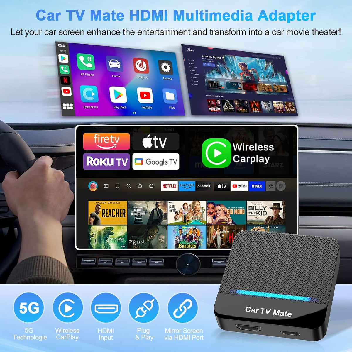 2-in-1 Car TV Mate Pro—Wireless CarPlay Adapter & HDMI Multimedia Adapter for TV Stick Converter/Game Consoles/Set-Top Box/Screen Mirroring, Plug & Play HDMI Cars T V Dongle Compatible Cars from 2016