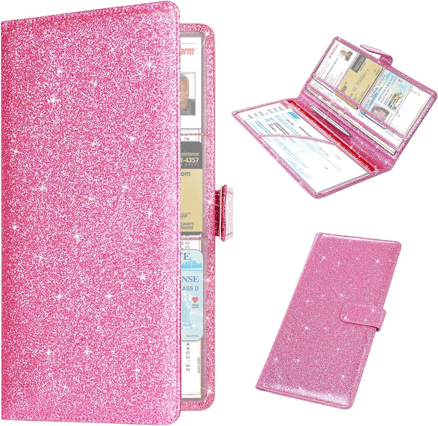 RSAquar Car Registration & Insurance Holder - Leather Glove Box Organizer, Cool Accessories for ID, Driver's License Cards & Docs, Men & Women, Pink Glitter