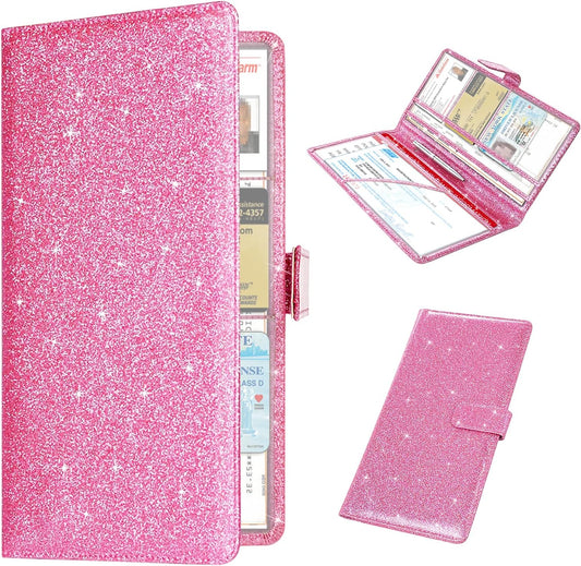 RSAquar Car Registration & Insurance Holder - Leather Glove Box Organizer, Cool Accessories for ID, Driver's License Cards & Docs, Men & Women, Pink Glitter