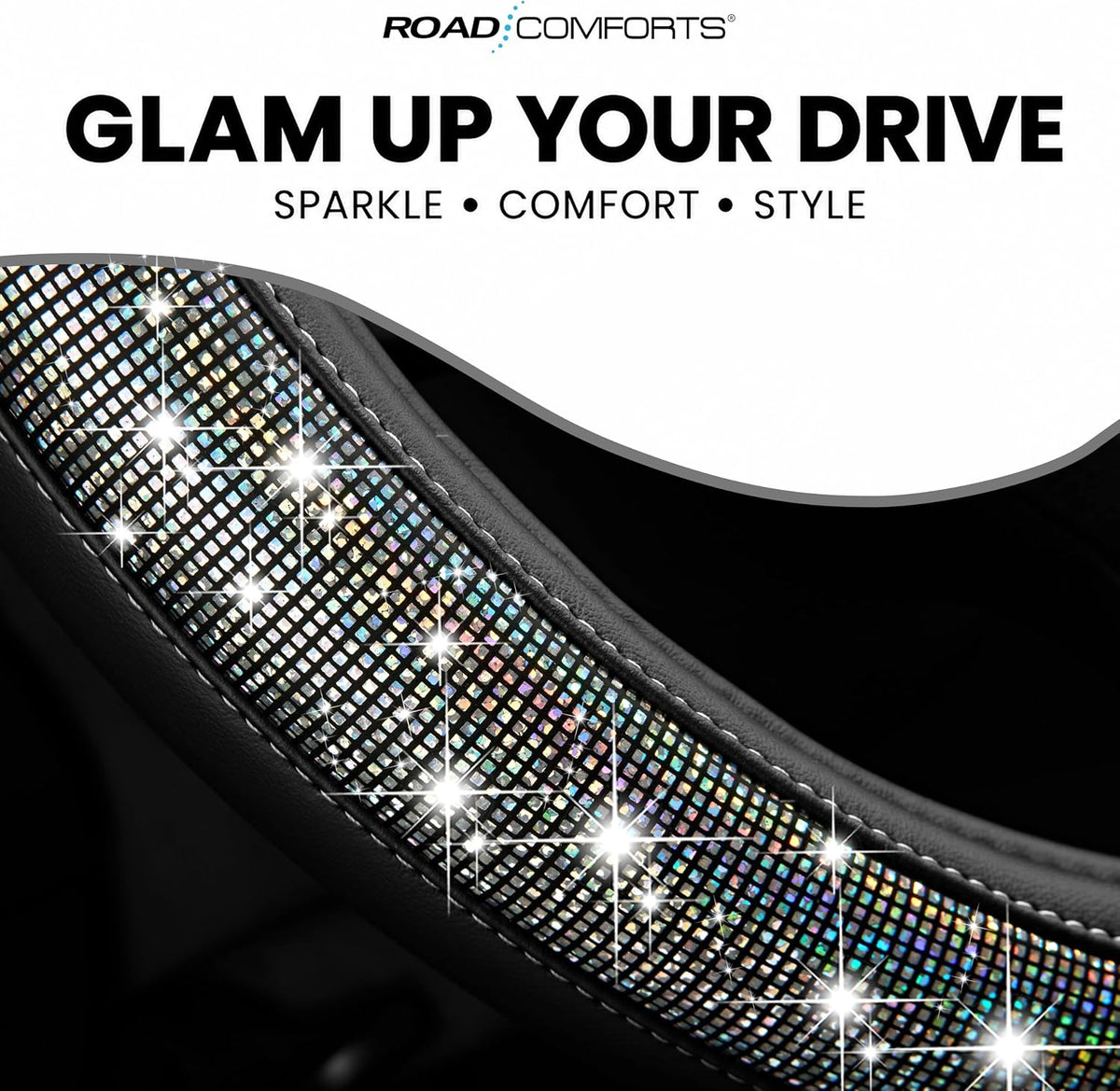 Road Comforts Pixel Glitter Steering Wheel Cover, 14.5–15 Inch Leather Steering Wheels Snug Fit, Anti-Slip Leather Grip, Elegant Sparkle Design, Universal Fit - Black