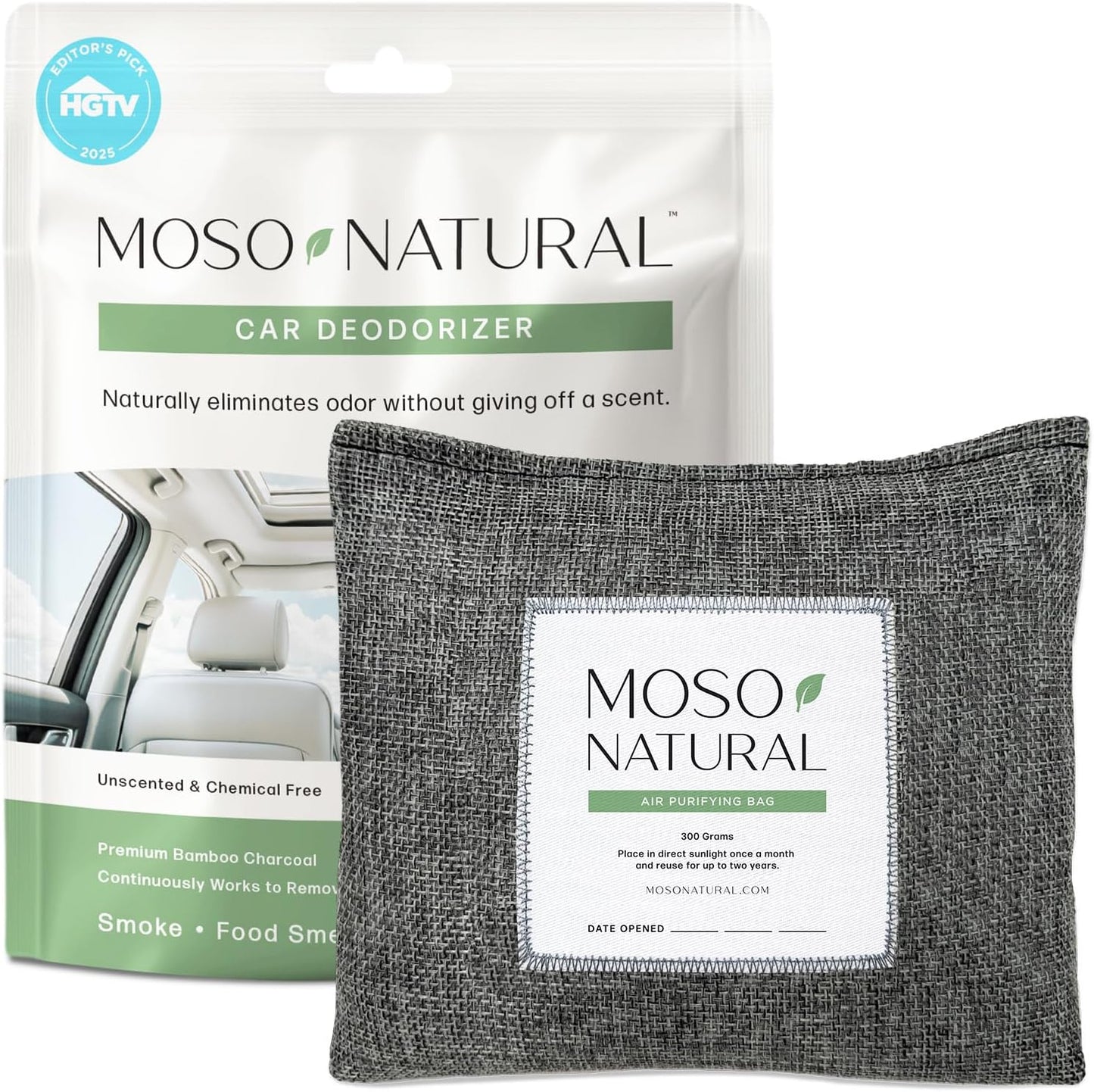 Moso Natural Car Odor Eliminator & Charcoal Odor Absorber, Bamboo Charcoal Air Purifying Bag for Cars, Trucks, SUVs, RVs & Boats — Unscented Deodorizer, Lasts 2 Years, HGTV Editors' Pick