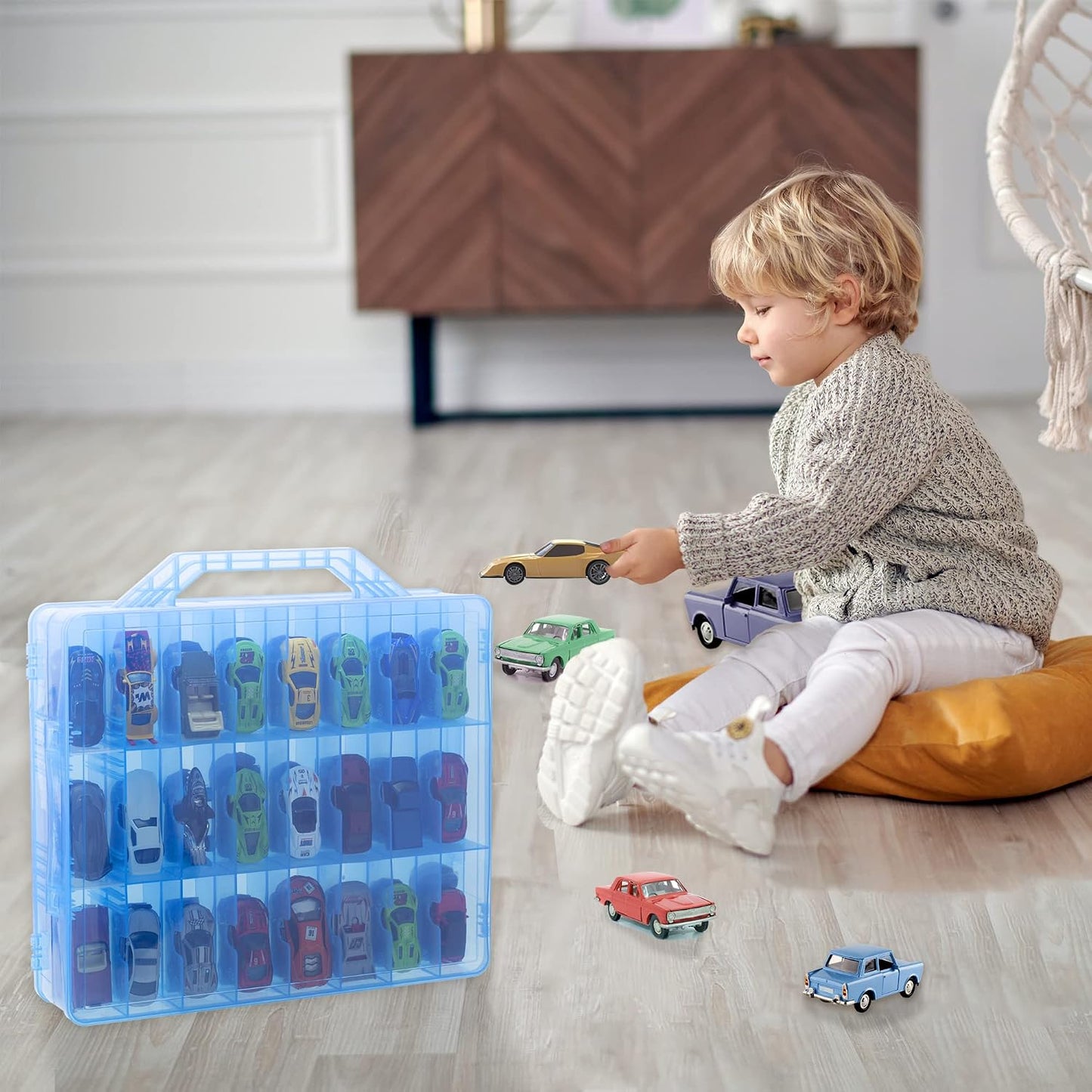 Double Sided Storage Case for 48 Cars, Matchbox Cars, Mini Toys, Small Dolls - Portable Transparent Case (Blue)