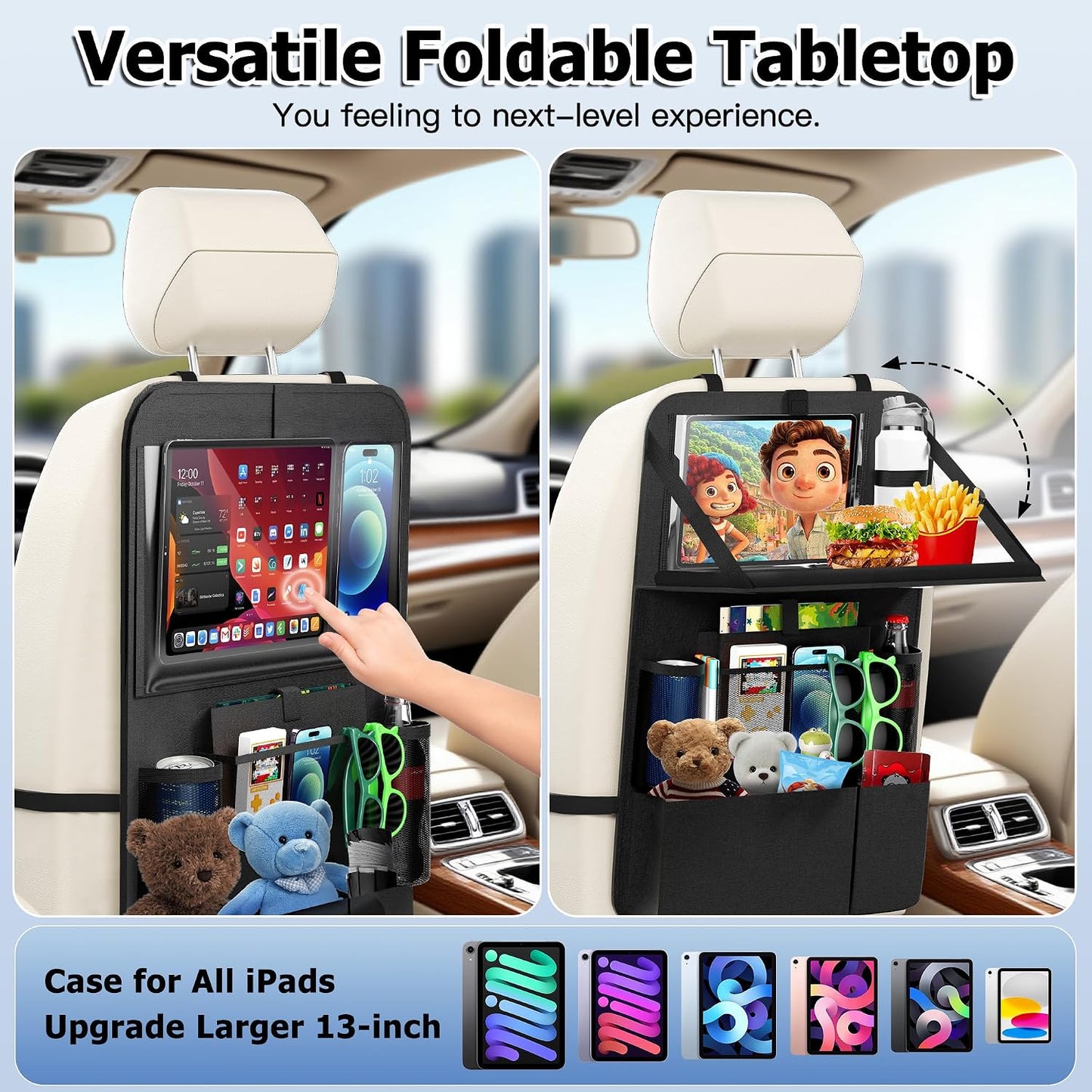 KaiCross Car Backseat Organizer with Table Holder,10 Storage Pockets Backseat Car Organizer and Storage with 600D Oxford Cloth,Travel Essentials,Kick Mats Back Seat Protector-2 Pack