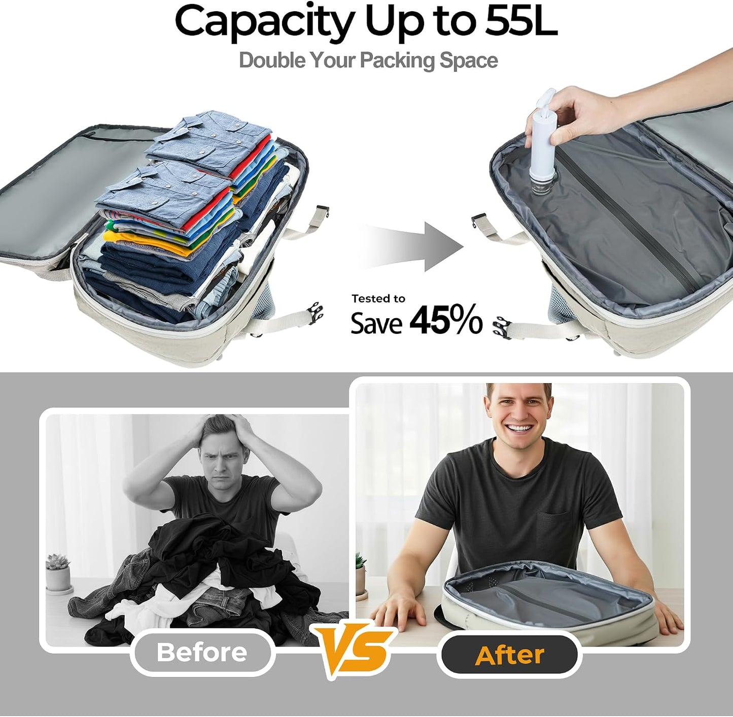 Vacuum Compression Backpack, Carry-On Size Travel Backpack with Vacuum System and Pump & Nintendo Switch 2 Carrying Case, Slim Hard Shell Travel Case