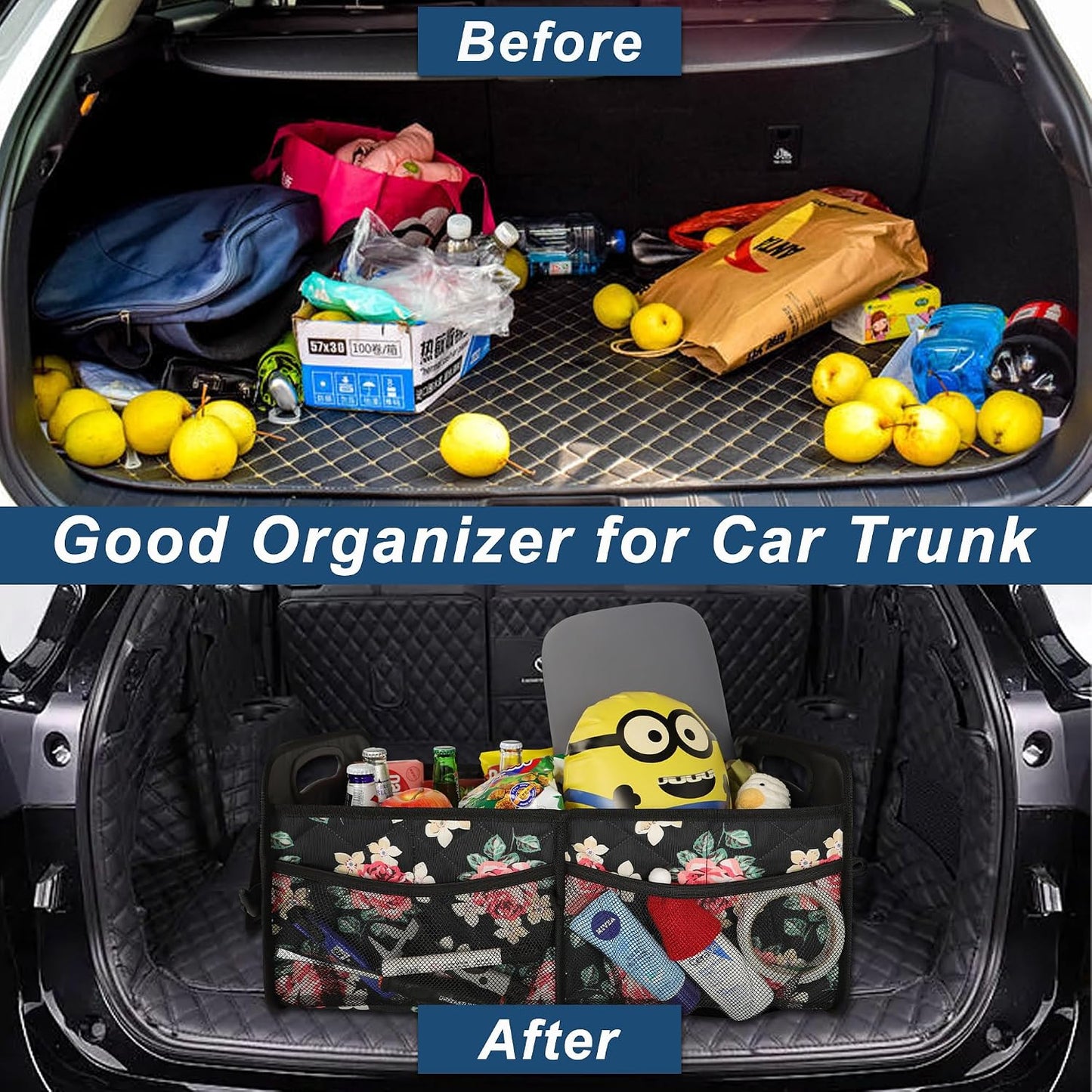 Deosk Trunk Organizer and Storage with Reinforced Handles,Car Accessories for Women/Men 50L Waterproof Polyester Trunk Organzier for Car/SUV/Minivan/Truck(Medium, Floral)