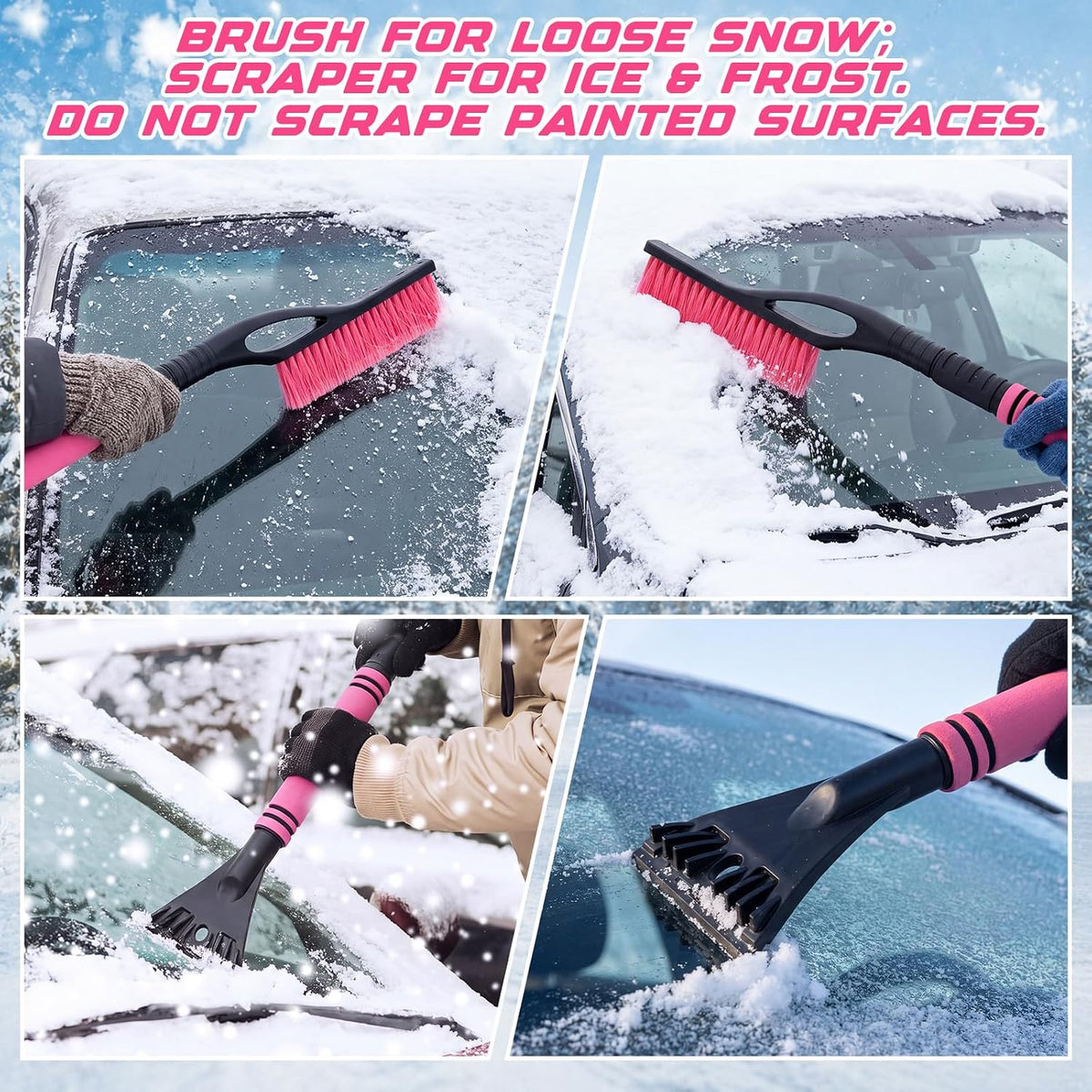 32'' Extendable Snow Brush and Ice Scraper for Car Windshield, Pink 2 in 1 Detachable Snow Scraper with Soft Grip Handle Additional Handhold, Multi-functional Removal Tool for Car, Truck, SUV