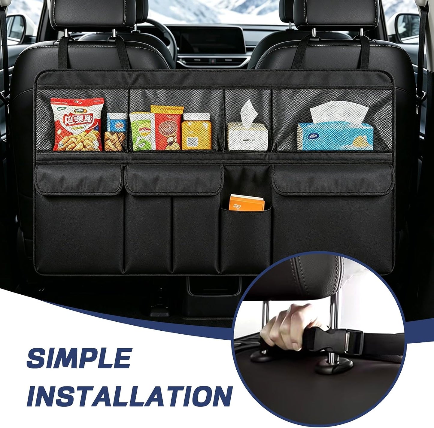 wuyaoyao Car Trunk Organizer, 9 Pockets Large Capacity Vehicle Backseat Hanging Storage Bag, Space Saving Automotive Seat Back Trunk Cargo Organizer Bag for SUV, Universal Car Accessories (Black)