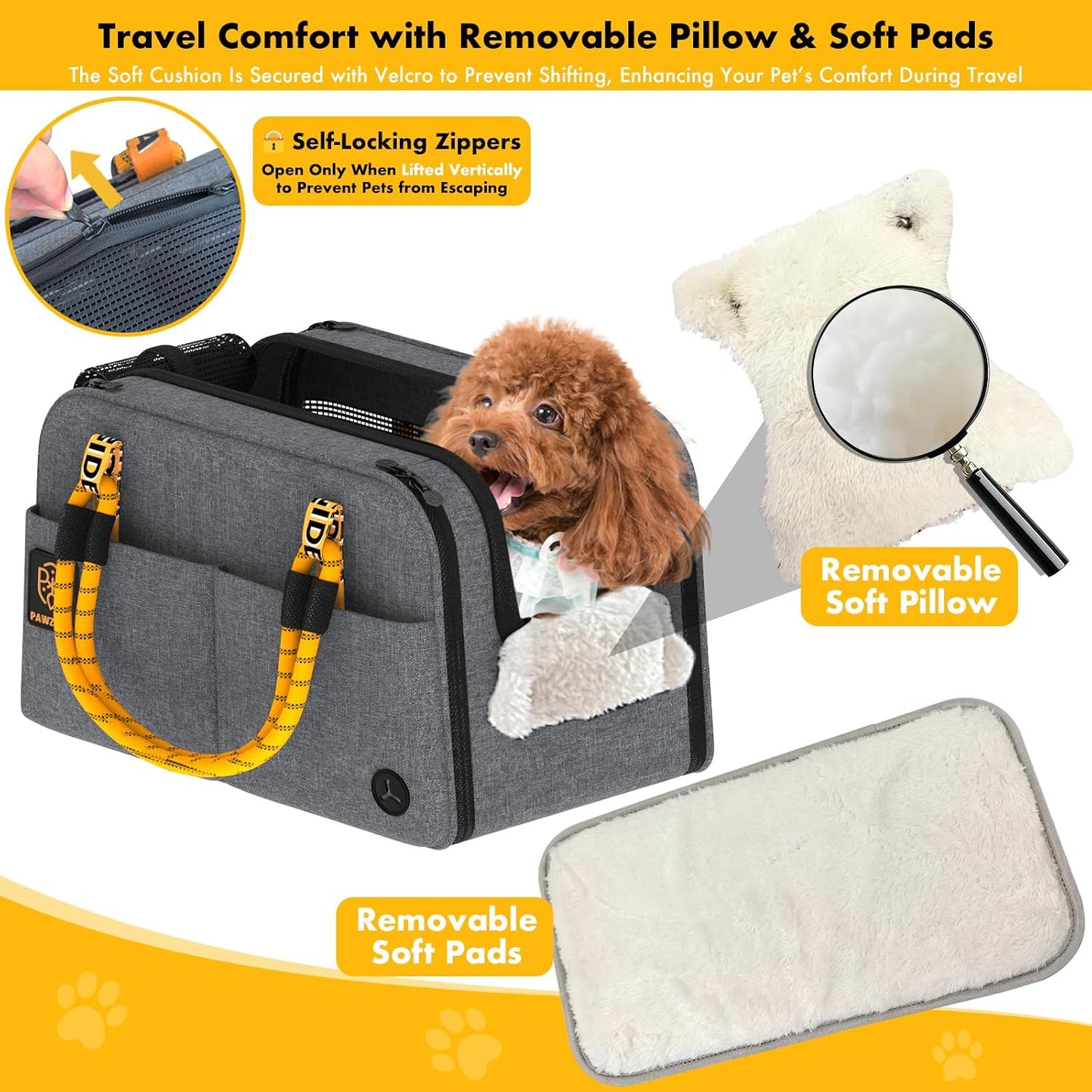 PAWZIDEA Center Console Dog Car Seat, Enclosed Small Dog Armrest Booster Carseat, Secure Straps &Anti Slip, Portable TSA Approved Puppy Pet Carrier Soft-Sided, Removable Pillow Storage Pocket, up 12lb