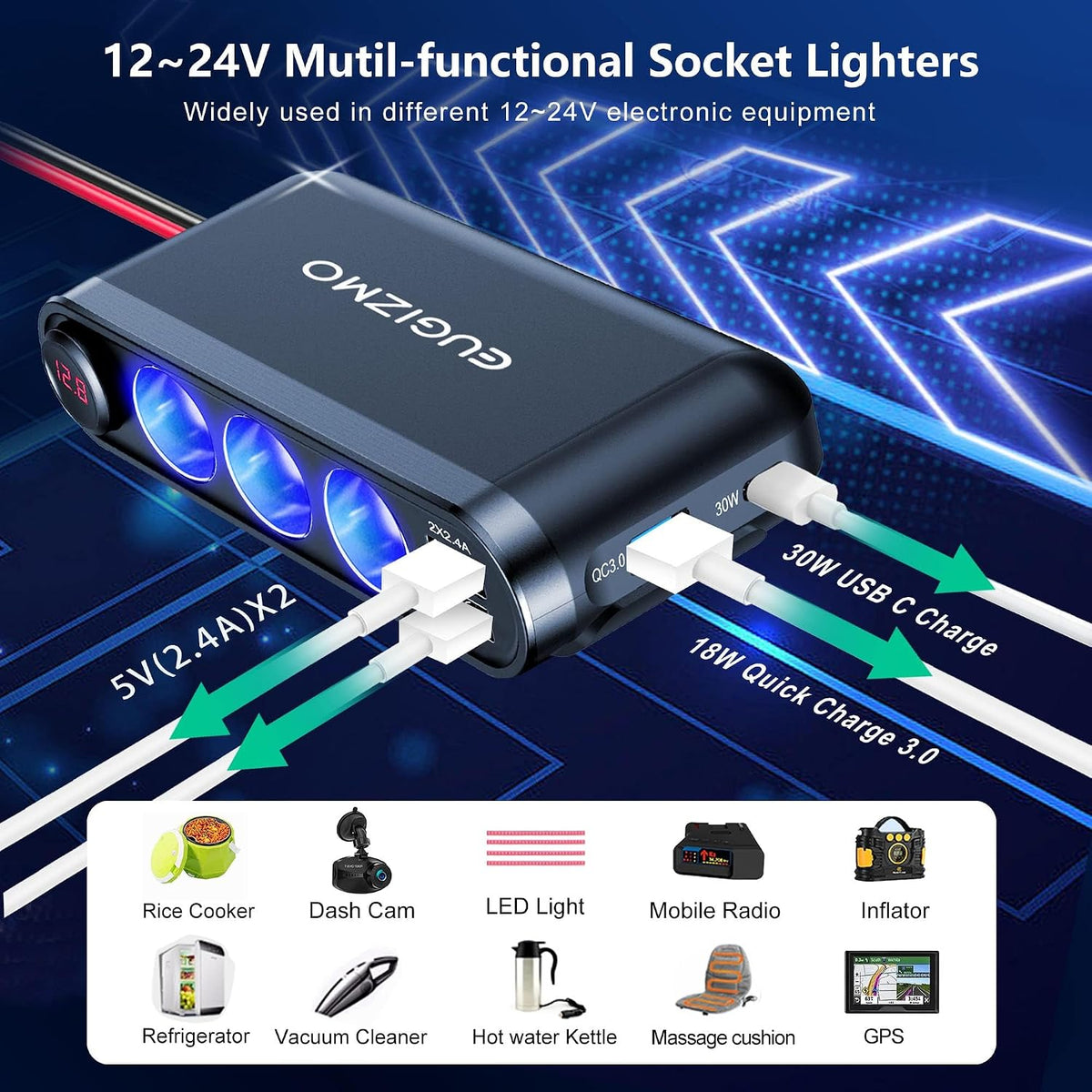 EUGIZMO Cigarette Lighter Splitter, 200W 3 Socket Car Plug Power Outlet
