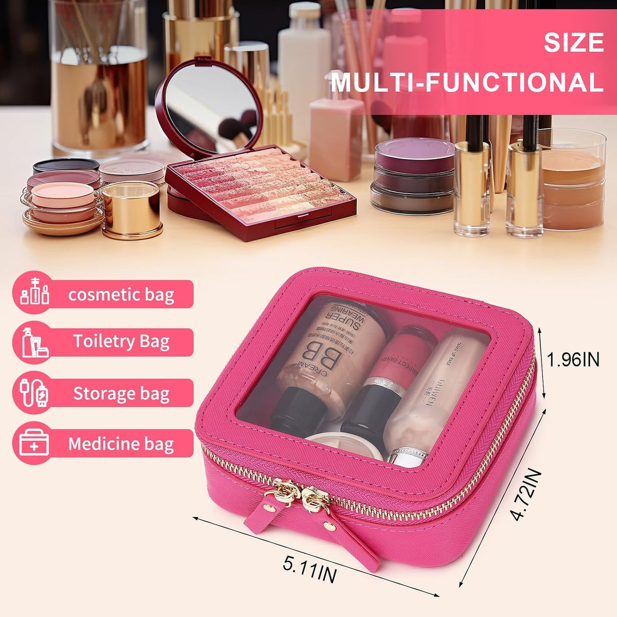 Pinkmik Small Clear Mini Makeup Bag, Fuxia, MINI-1