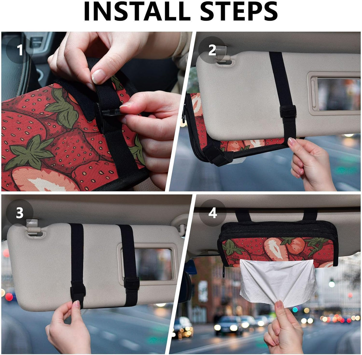 Car Tissue Holder Car Napkin Holder Car Tissue Box Dispenser Storage Case Sun Visor Mask Holder with Adjustable Straps Reusable Refillable Cartoon Red Strawberry