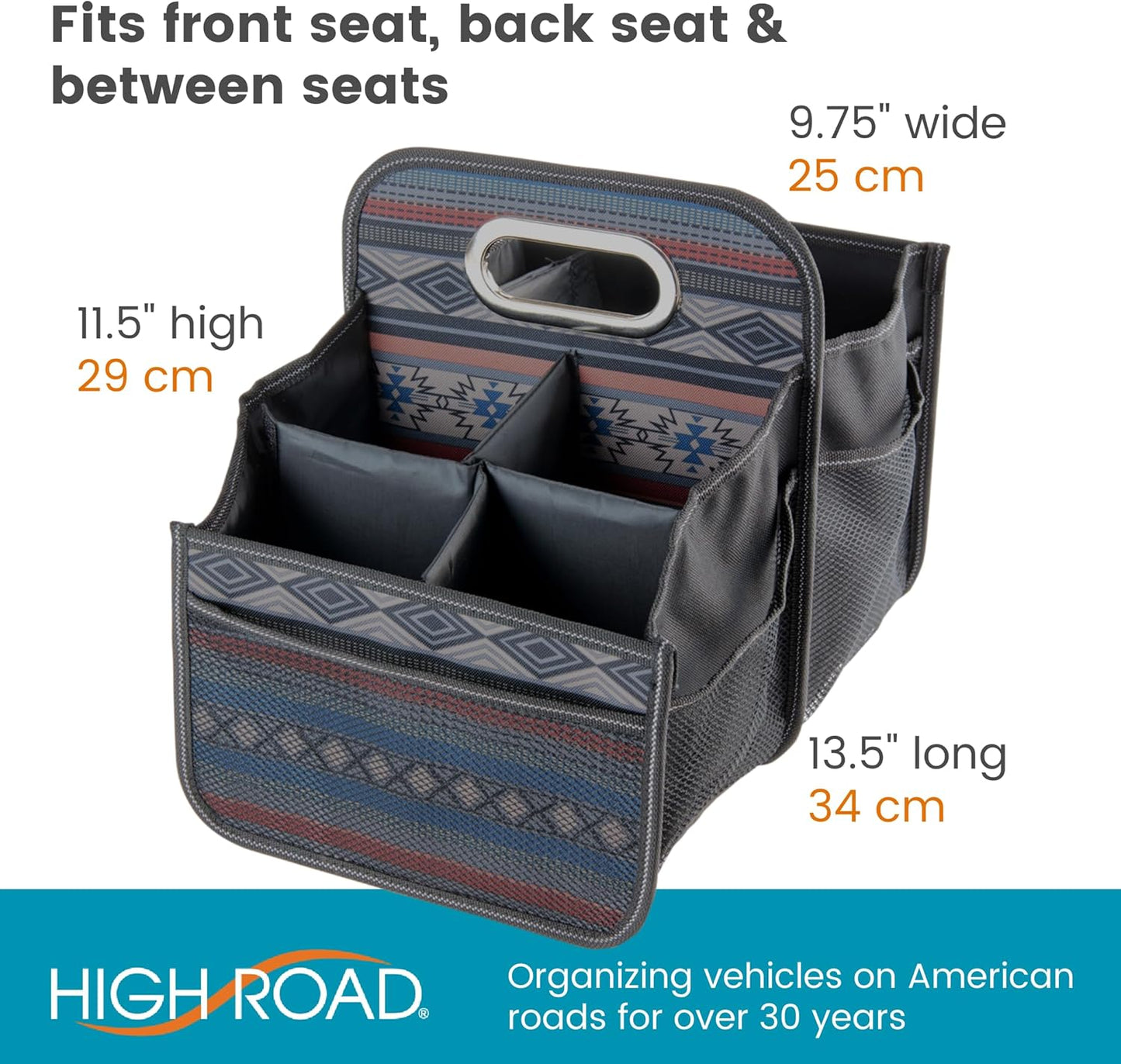High Road Car Organizer with Cup Holder Dividers - Front Seat Organizer for Drivers or Middle Seat Car Organizer for Kids - Portable Car Caddy with Easy Carry Handle