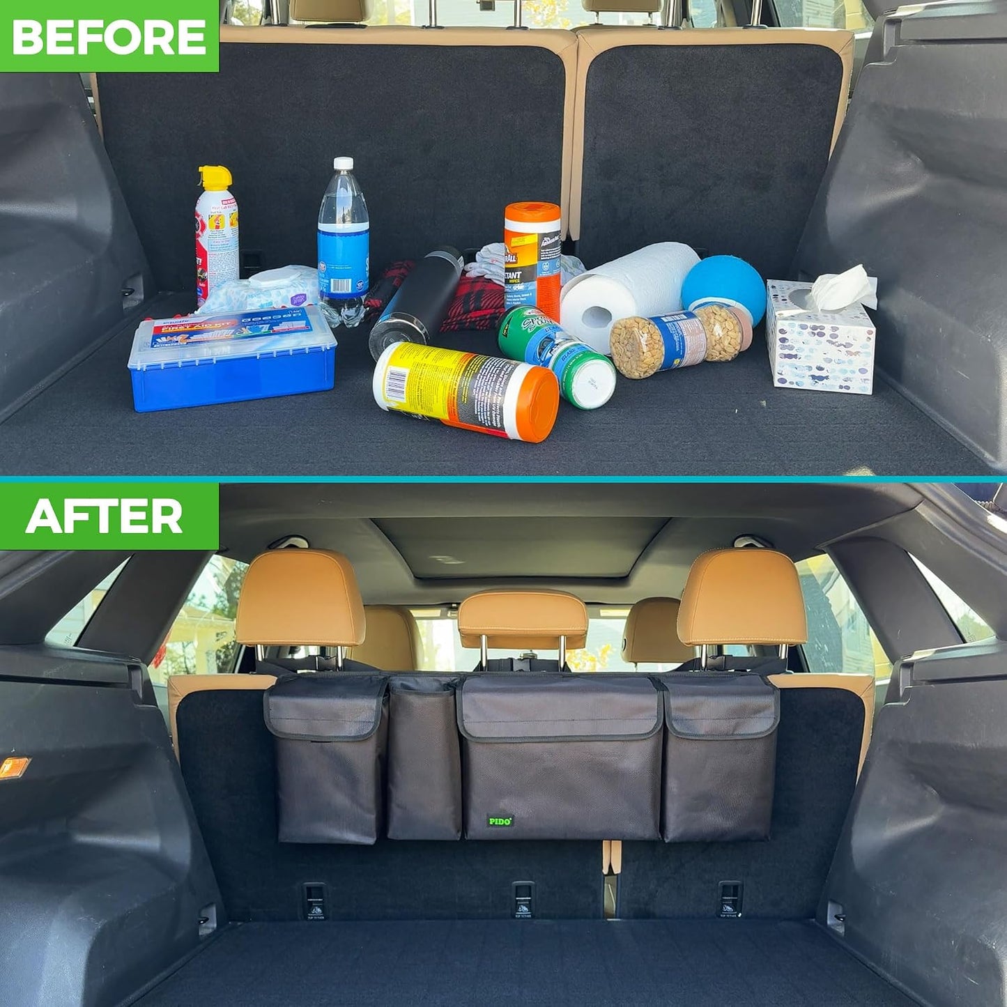 PIDO Hanging Trunk Organizer, Backseat Trunk Organizer for SUV, Hanging Car Storage Bag with Large Pockets for Sedan, Truck, Van, Upgraded Premium 1680D Oxford, Space Saving Car Interior Accessory