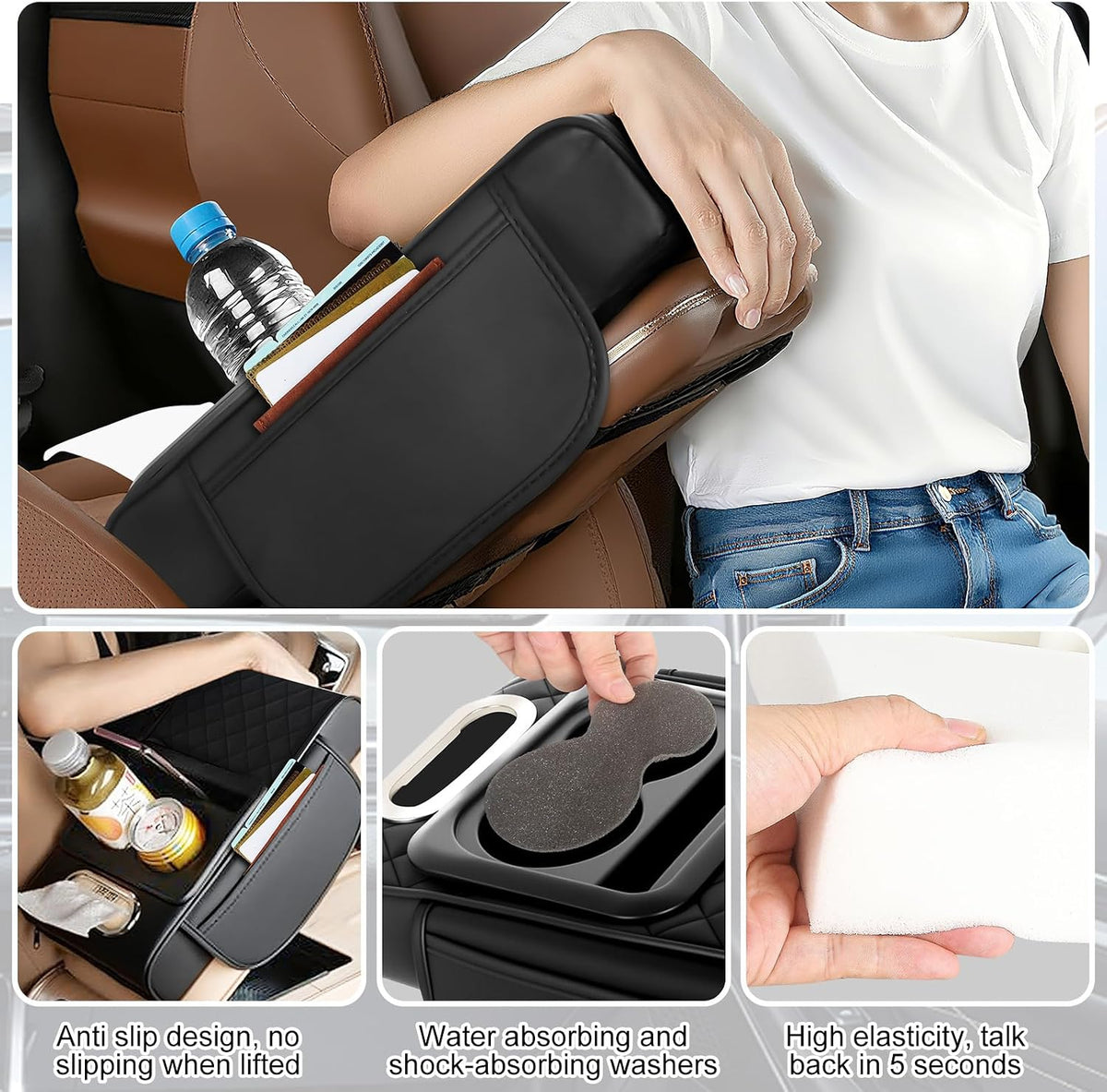 5-in-1 Arm Rest Cover Universal Armrest Storage Box Upgrade Memory Foam Console Cover with Cup for Car Phone Tissue Box Holder