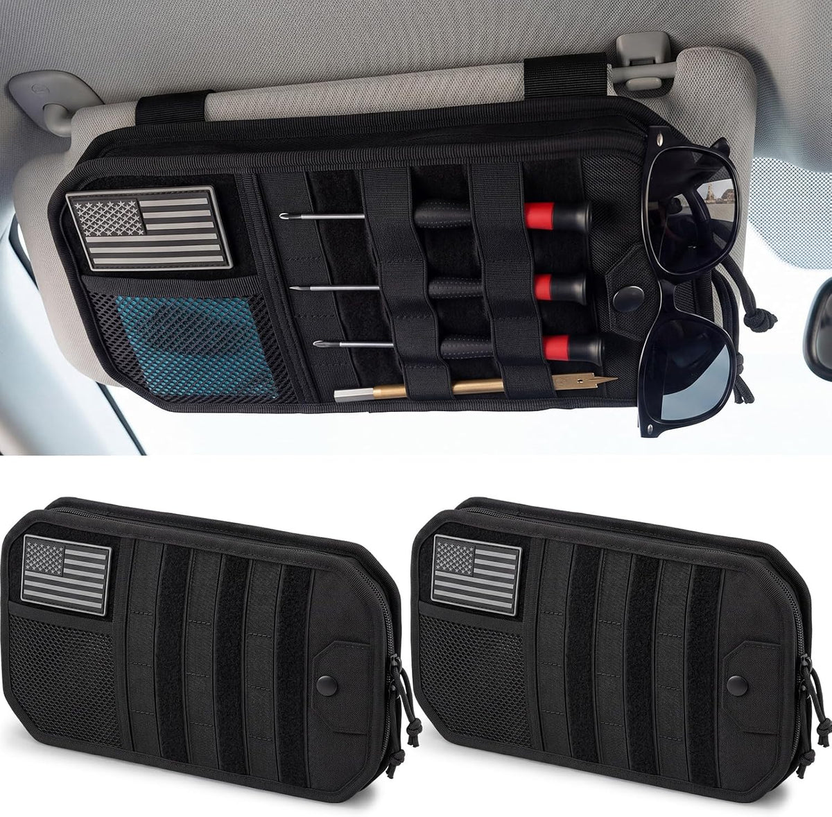 Frienda 2 Pack Car Visor Organizer Sun Visor Organizer Tactical with Zipper Storage Pouch and Sunglasses Holder Clip for Truck Police Vehicle Equipment