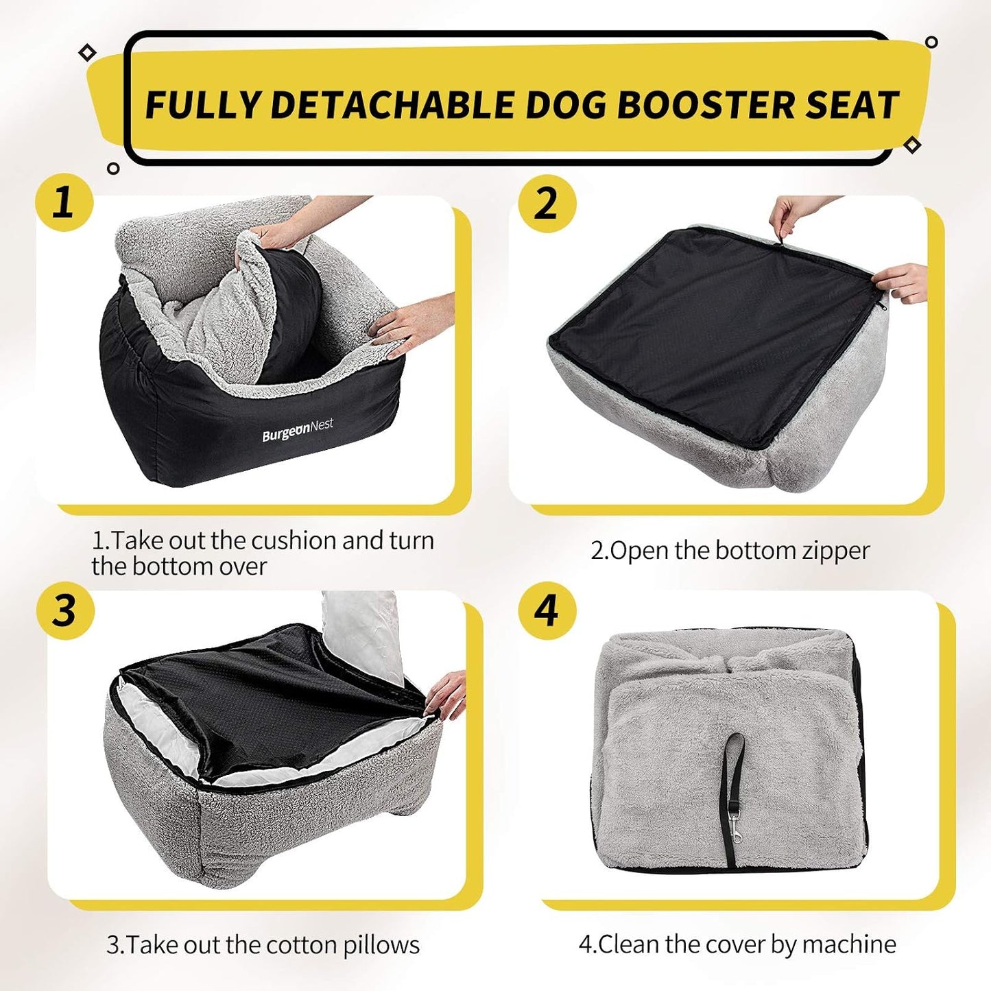 BurgeonNest Dog Car Seat for Small Dogs, Soft Pet Car Travel Home Bed Under 25 lbs, Fully Detachable and Washable Cat Booster Carseats with Storage Pockets and Clip-On Leash Portable Carrier,Black