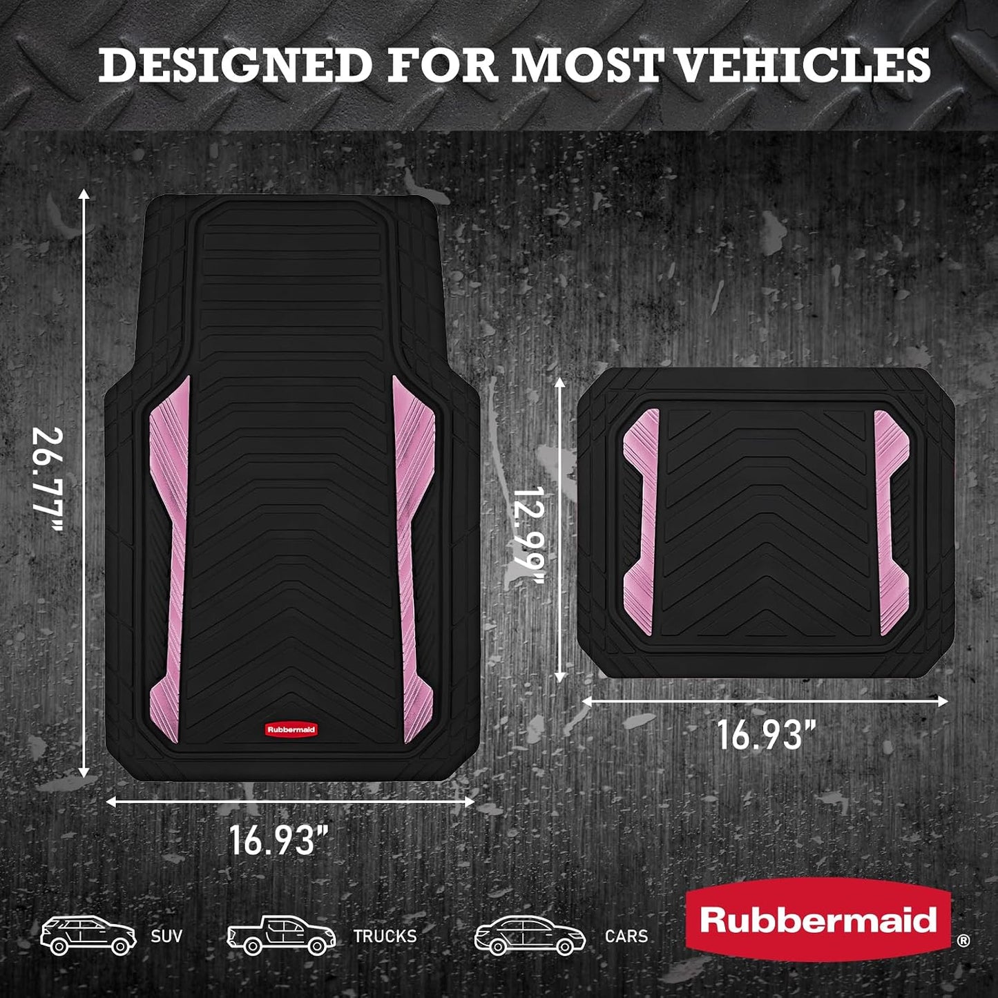 Rubbermaid Car Floor Mat, Heavy Duty All-Weather Car Mats Full Set with Dual-Tone Pink Aluminum Inserts – Universal Fit, Anti-Slip Backing, Trim-to-Fit for Most SUV, Sedan, Van