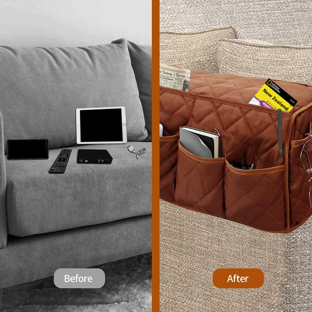 MEHIDFY Armchair Caddy, Waterproof Sofa Armrest Organizer, Non Slip Recliner Organizer, Remote Holder for Recline, Recliner Caddy with 14 Pockets Storage for TV Remote, Phone, Magazine (Brownish Red)