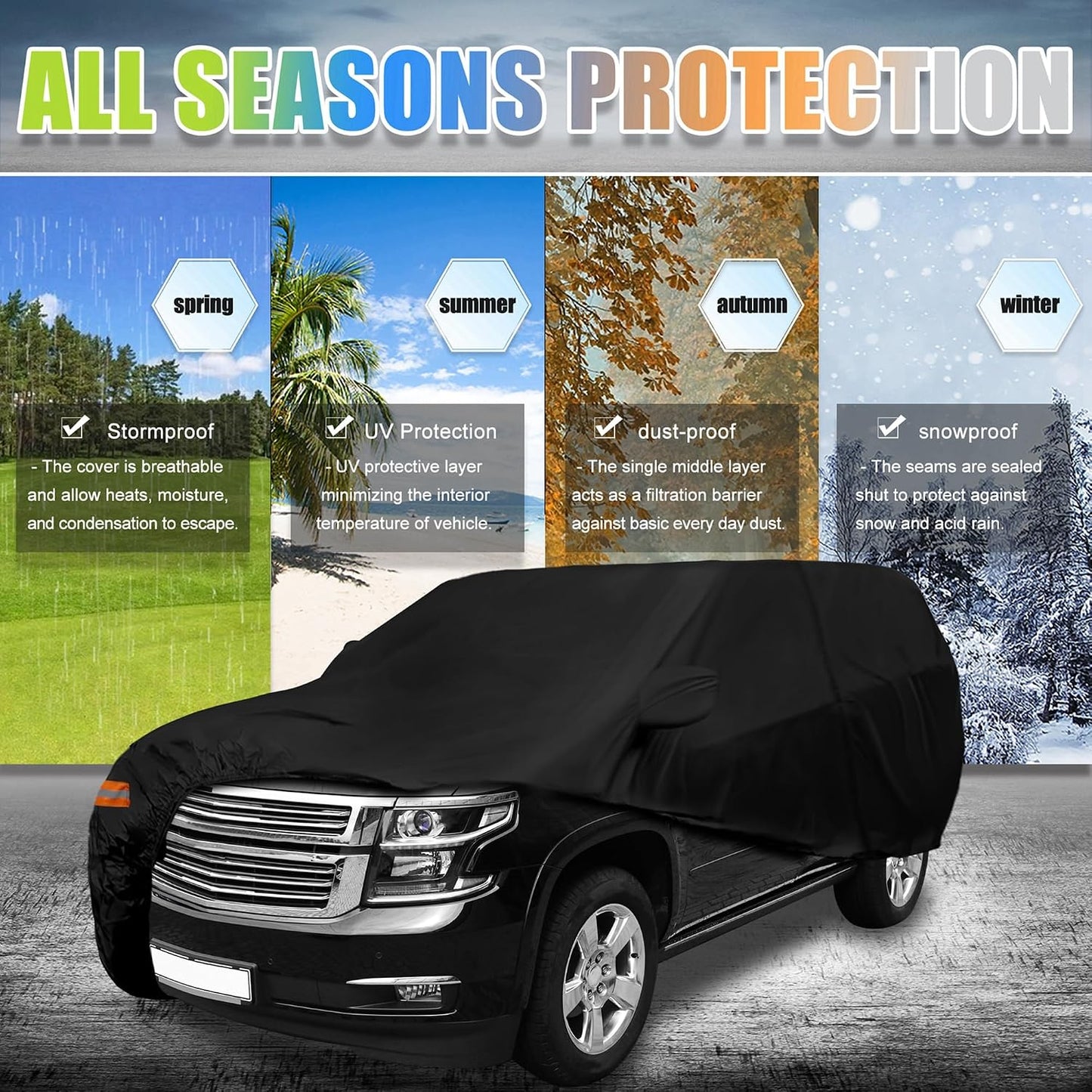 X AUTOHAUX SUV Car Cover for Chevrolet Tahoe 4 Door 2007-2024 Outdoor Waterproof Sun Rain Dust Wind Snow Protection 190T PU with Driver Door Zipper Black