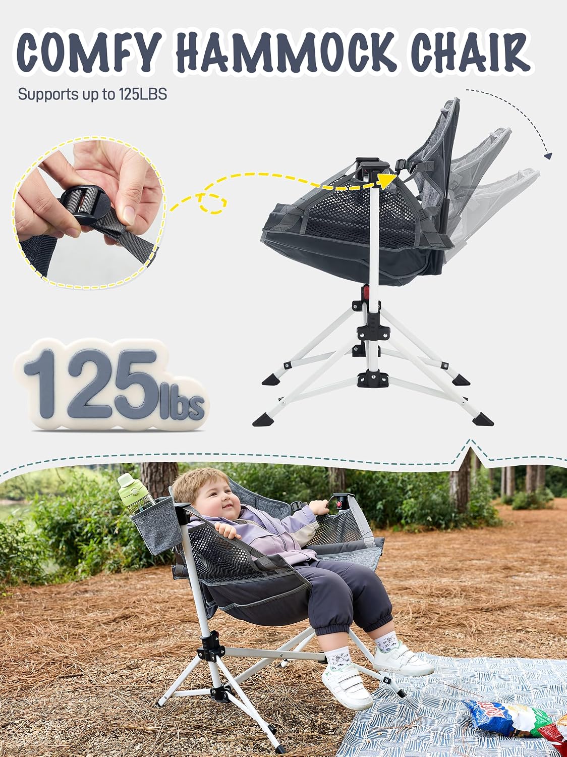 EVER ADVANCED Kids Hammock Chair Foldable, Kids Camping Chair with Stand Portable, Hammock Swing Chair with Cup Holder, Child Camping Gear Carry Bag for Traveling Outdoor Patio Supports 125LBS Grey