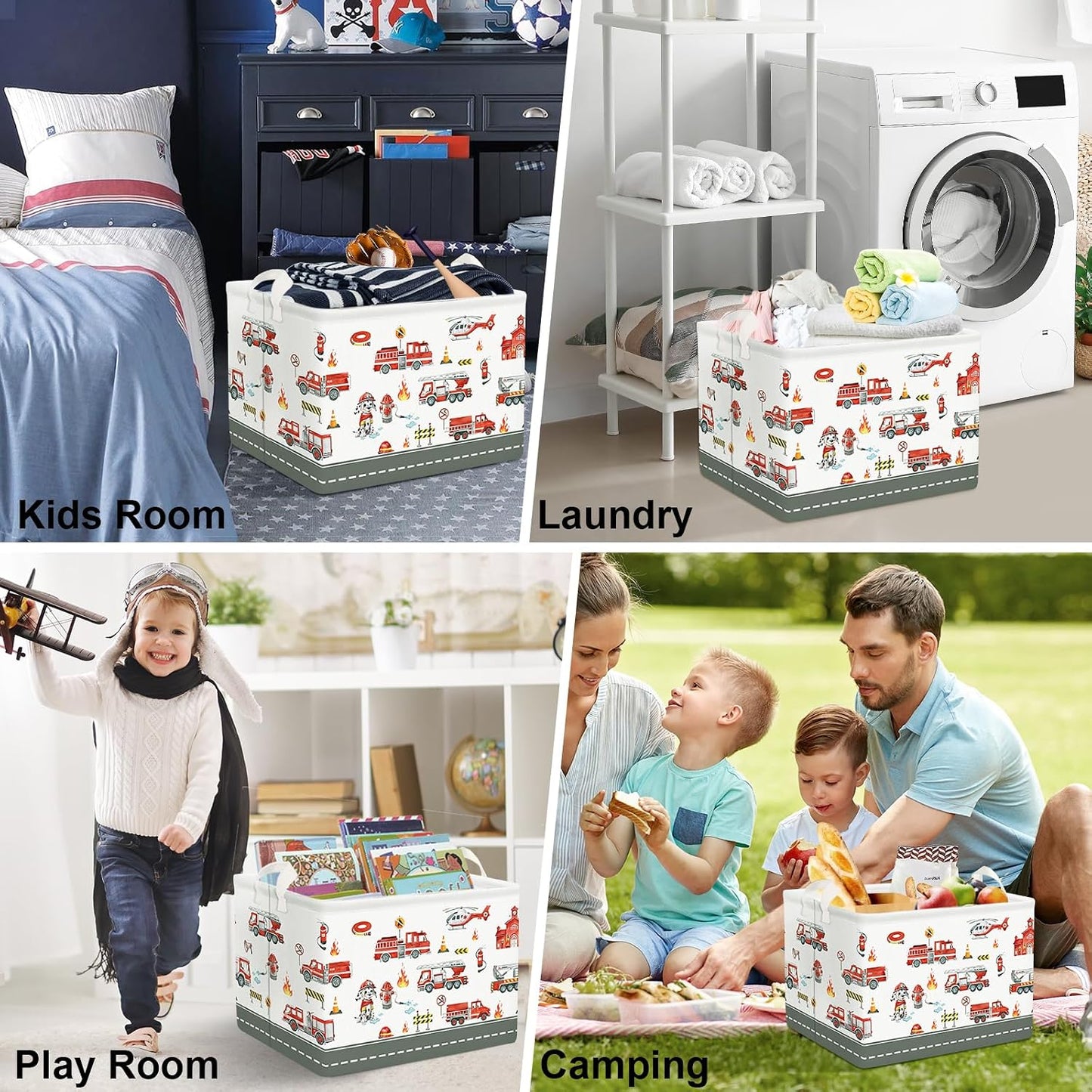 Clastyle Rectangle Large Red Fire Car Boy Gift Basket Collapsible Spotted Dog Engine Book Shelf Basket Toy Clothes Cube Storage Basket for Kids Room Nursery