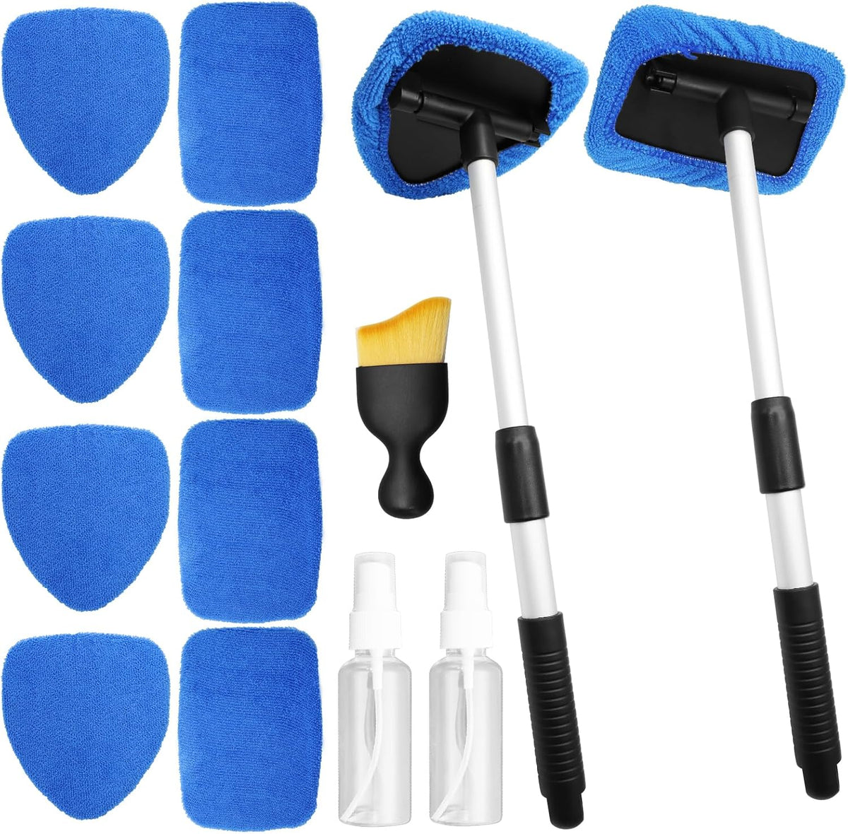 Uenhoy 13 Pcs Car Window Cleaning Kit, Windshield Cleaner Tool with Extendable Handle, 8 Microfiber Pads & 2 Spray Bottles & Brush, Auto Glass Wiper for Car and Home Window Cleaner, Blue