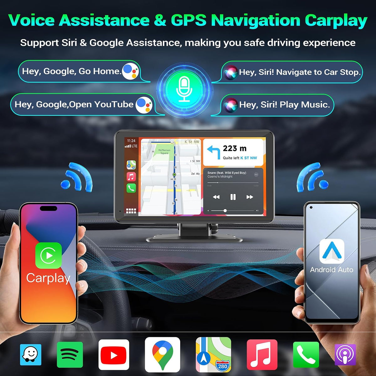 7" Portable Car Screen with Dual Dash Cam, Wireless CarPlay Android Auto