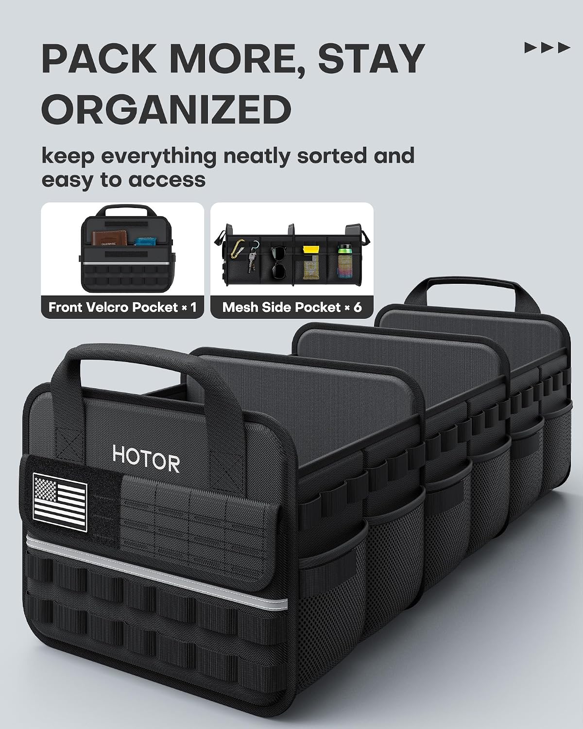 HOTOR Tactical Car Trunk Organizer - Foldable Trunk Organizer for SUV with Front MOLLE Pocket & Reflective Strips, Essential Car Accessories for Tools & Outdoor Storage, 11.6" x 31.9" x 11.0", Black