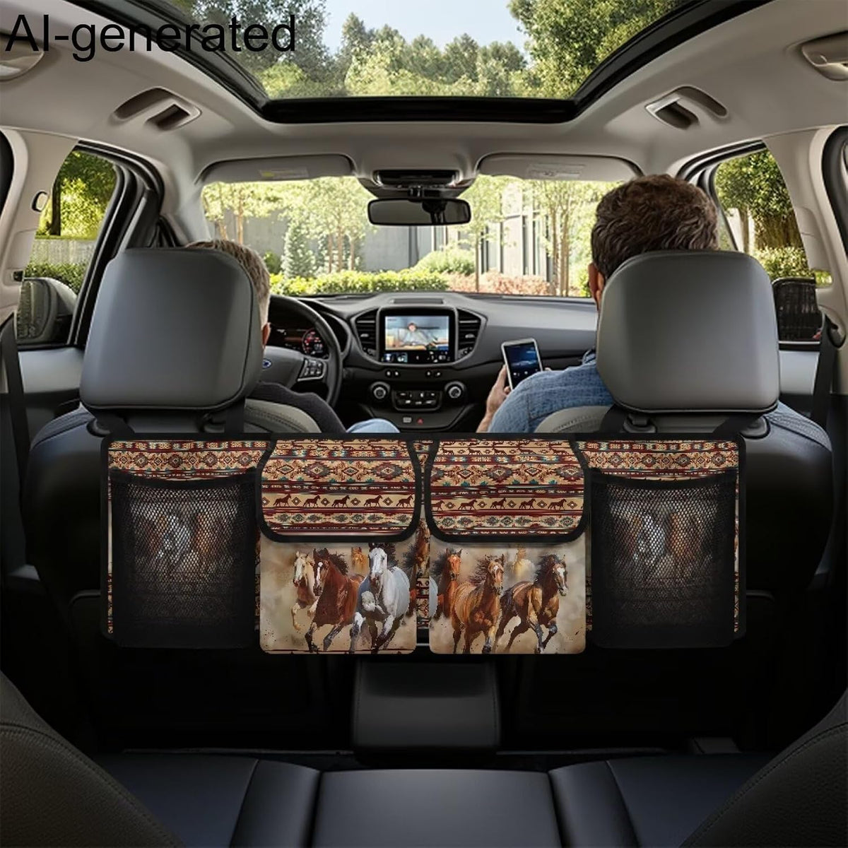 Aztec Tribe Car Trunk Organizer,Backseat Hanging Organizer with 4 Large Storage Bag Super Capacity,Horse Brown Waterproof Trunk Storage Bag for SUV Not Easy to Fade Machine Washable