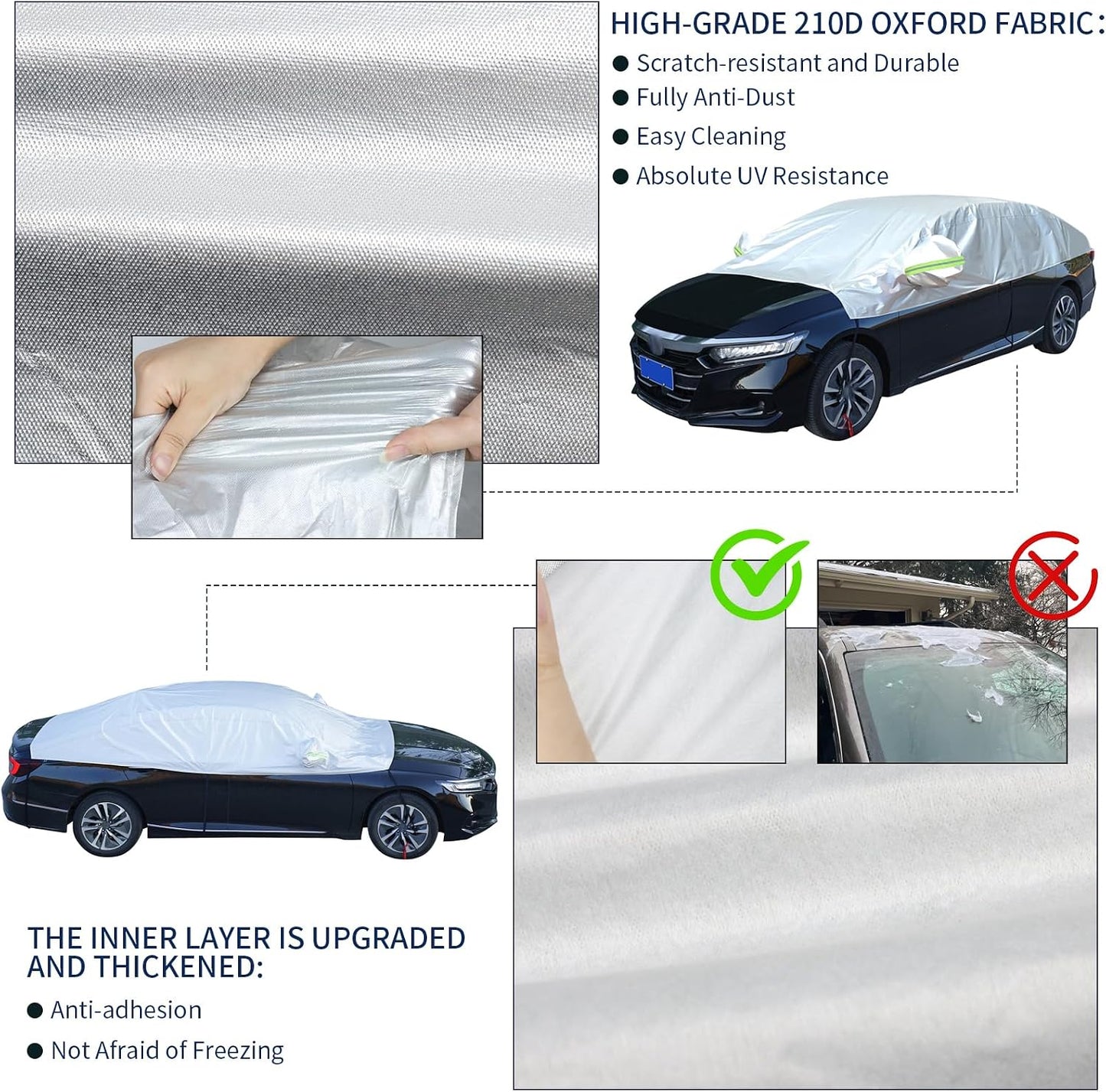 Hrozny Car Snow Cover, Half Car Cover Sedan Waterproof All Weather, Winter Car Windshield Cover for Ice and Snow, Frost Guard Windshield Cover Universal Fit for Most Cars (Sedan)