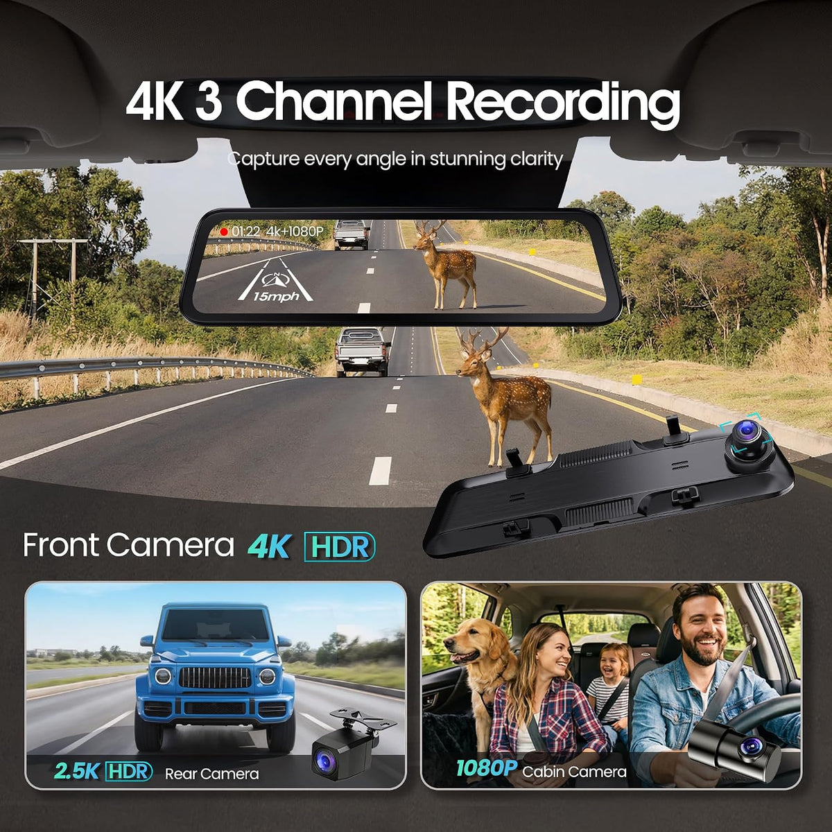 3 Channel 12" Mirror Dash Cam, 4K Front 2.5K Rear and Inside View Camera