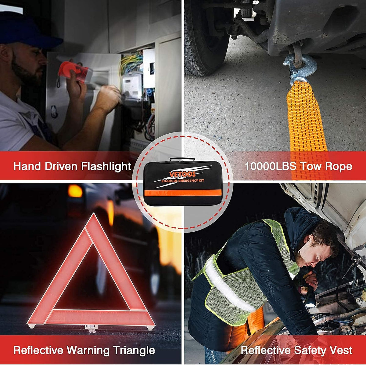 Car Emergency Roadside Kit with Jumper Cables, Auto Vehicle Safety Kits