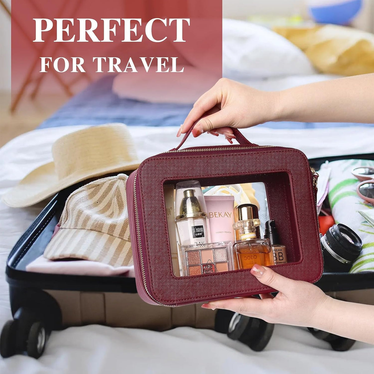 Pinkmik Clear Makeup Bag with Brush Bag, (Burgundy, L+SLIM)