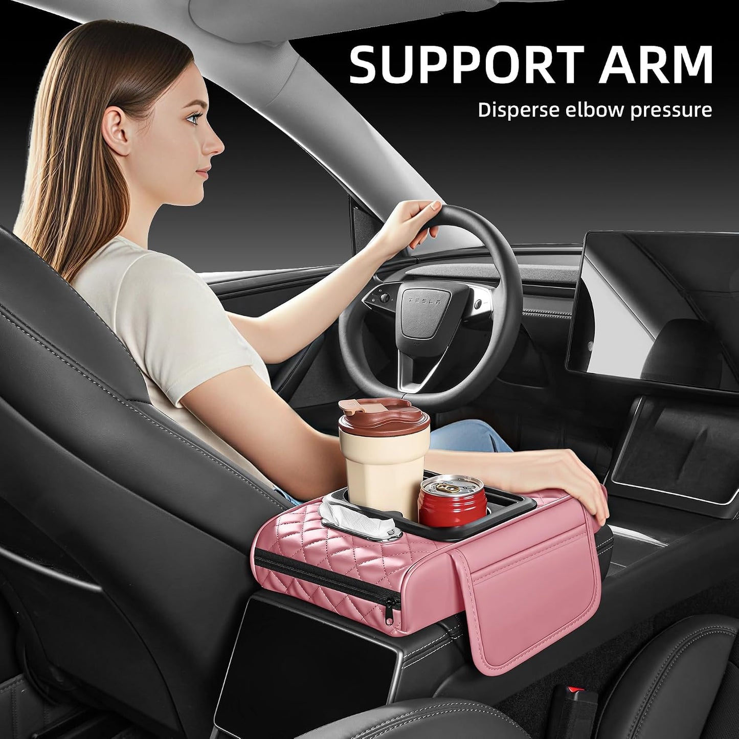 5 in 1 Nappa Leather Console Armrest Cover, Pink | Built-in cup holder, tissue slot, phone holder & 2 storage pockets, practical car accessories fit SUV sedan truck