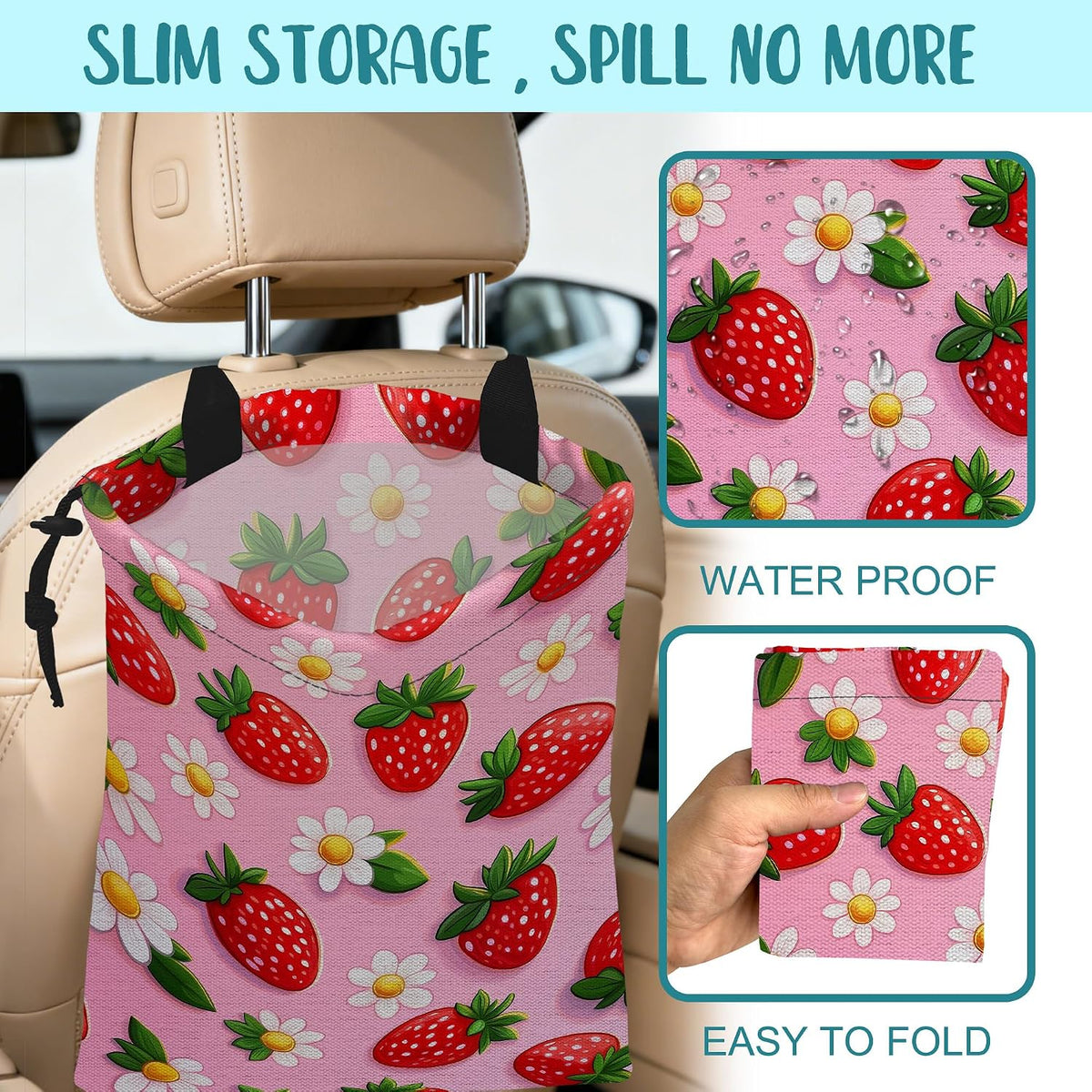 Car Garbage Bag Abstract Strawberry and Floral Hanging Canvas Car Trash Bag Drawstring Car Back Seat Organizer for Car Back Front Seat Console with Adjustable Buckle