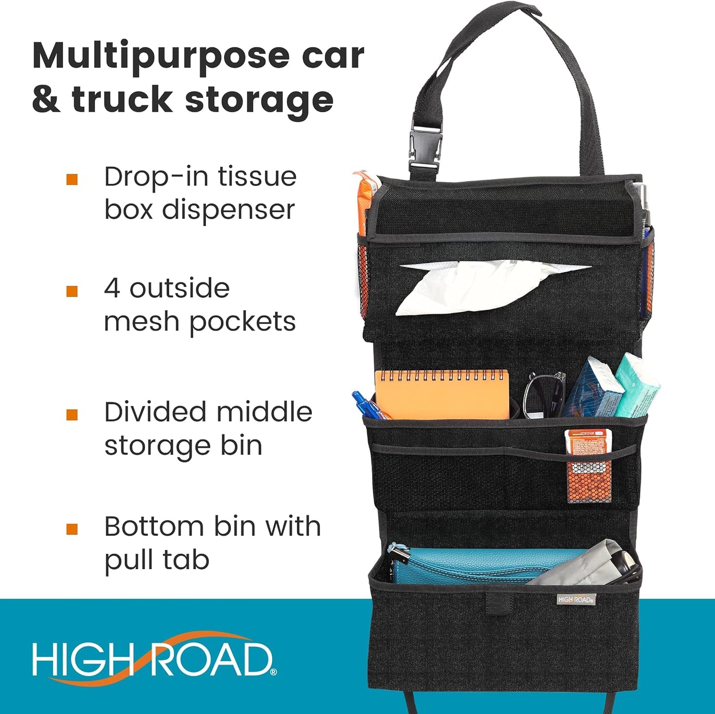 High Road Storage Organizer with Car Tissue Box Holder and Multipurpose Pockets - Back of the Seat or Front Seat Organizer for Driving Essentials - Slim and Compact Car Storage for All Vehicles