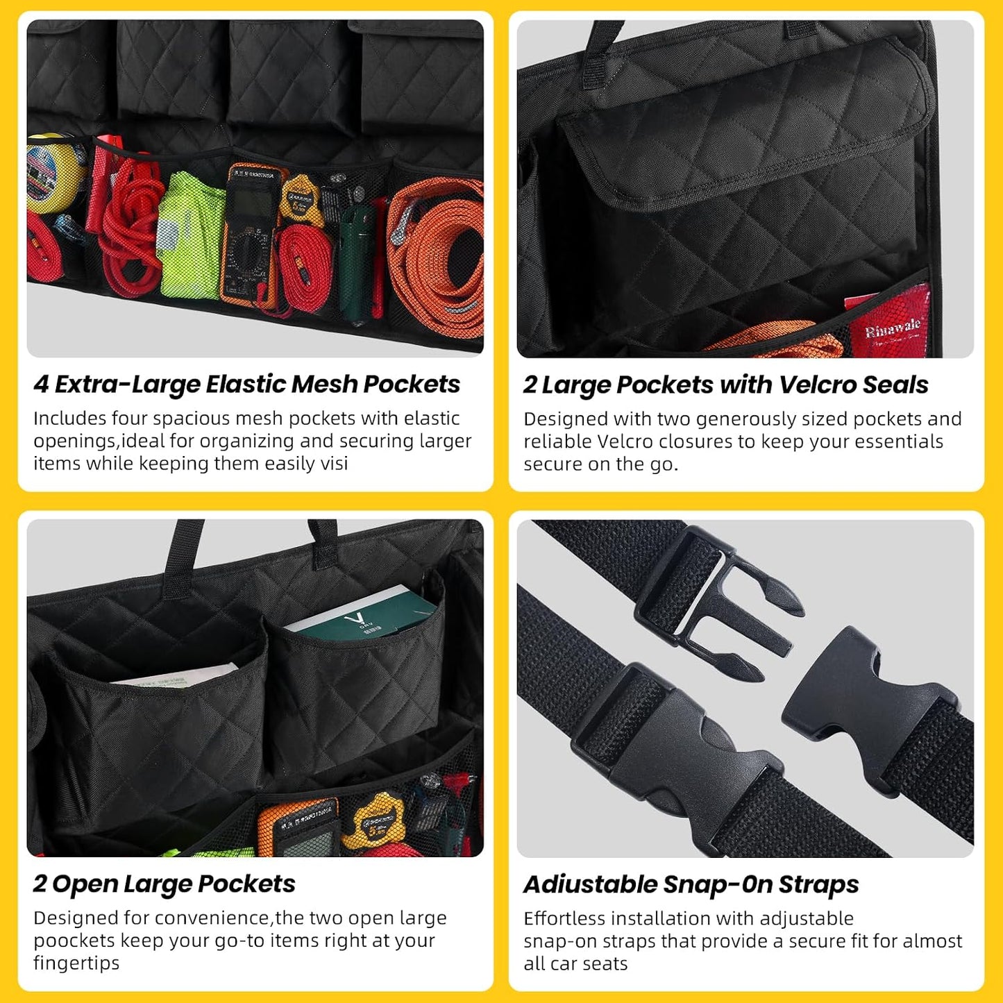 Car Trunk Hanging Organizer 3D Textured (Extra-Long), Cotton-Padded Farewell to Collapse, Reinforced Stitching, Extra-Wide Pocket, Backseat Grocery Storage Bag with 8 Pockets for SUV,Truck,Van