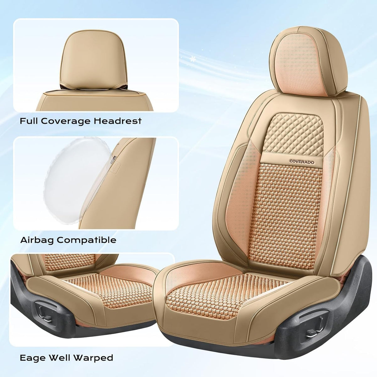 Coverado Car Seat Covers Front Seats, Waterproof Front Seat Covers Nappa Leather Seat Covers for Cars, Breathable Summer Car Seat Cushion Universal Fit for Most Cars SUV Trucks(Front, Beige)