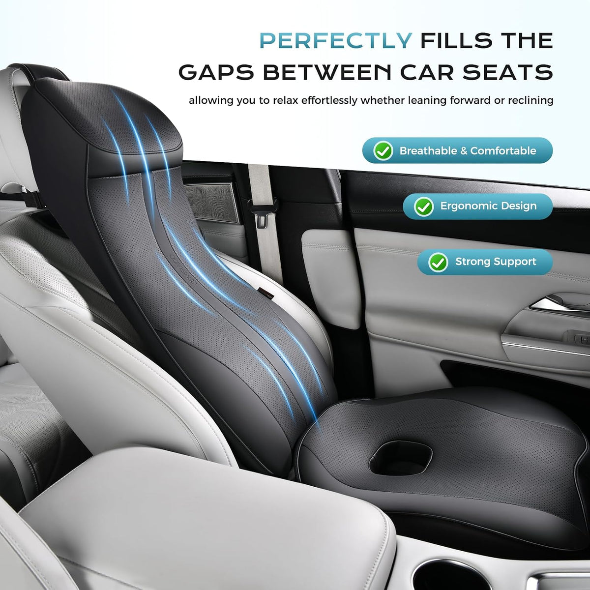 Coverado Car Seat Cushion and Lumbar Support Headrest Pillow, Integrated Ergonomic Memory Foam Back Support Neck Pillow, Soft Leather Breathable Driving Seat Cushion for Sciatica Pain Relief, Black