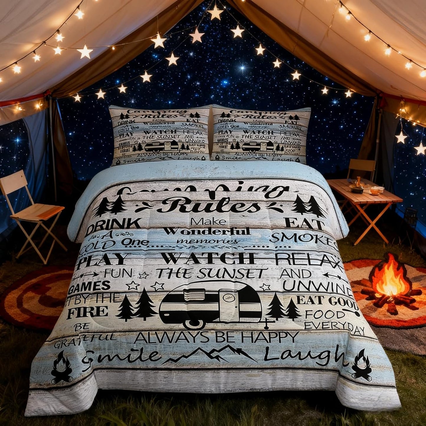 Manfei Rustic Adventure Camper Kids Comforter Set Twin Size,Happy Camping Cabin Lake House Bedding Set,Girls Boys Room Decor,Cottage Wooden Door Quilt Comforter,Country Duvet Insert,1 Pillowcase