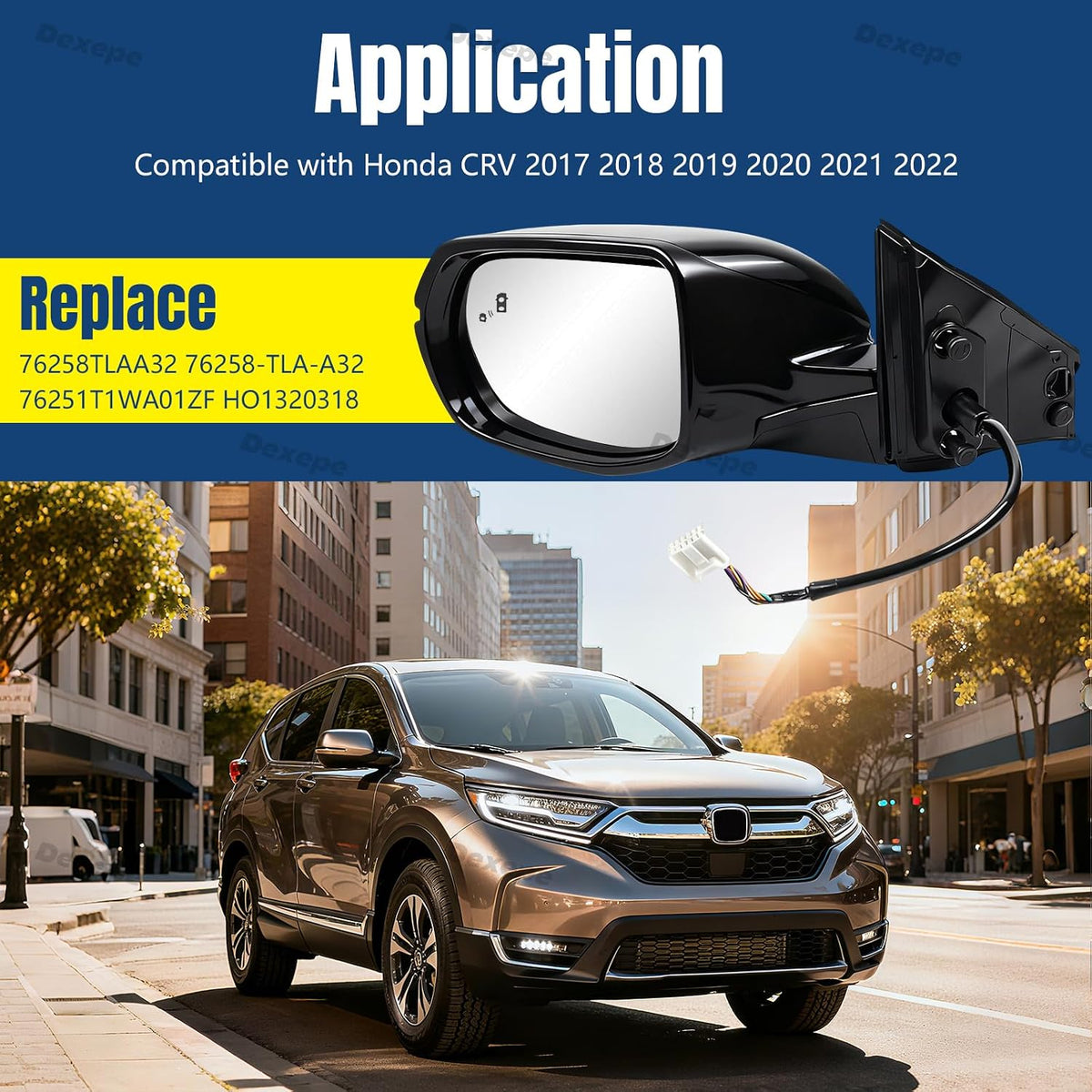 Driver Side Mirror Assembly Compatible with Honda CRV 2017-2022 With Heated, Blind Spot Monitor, Turn Signal, Power Adjustable Glass Black Replace 76258TLAA32 HO1320318 (9 Pin Left)