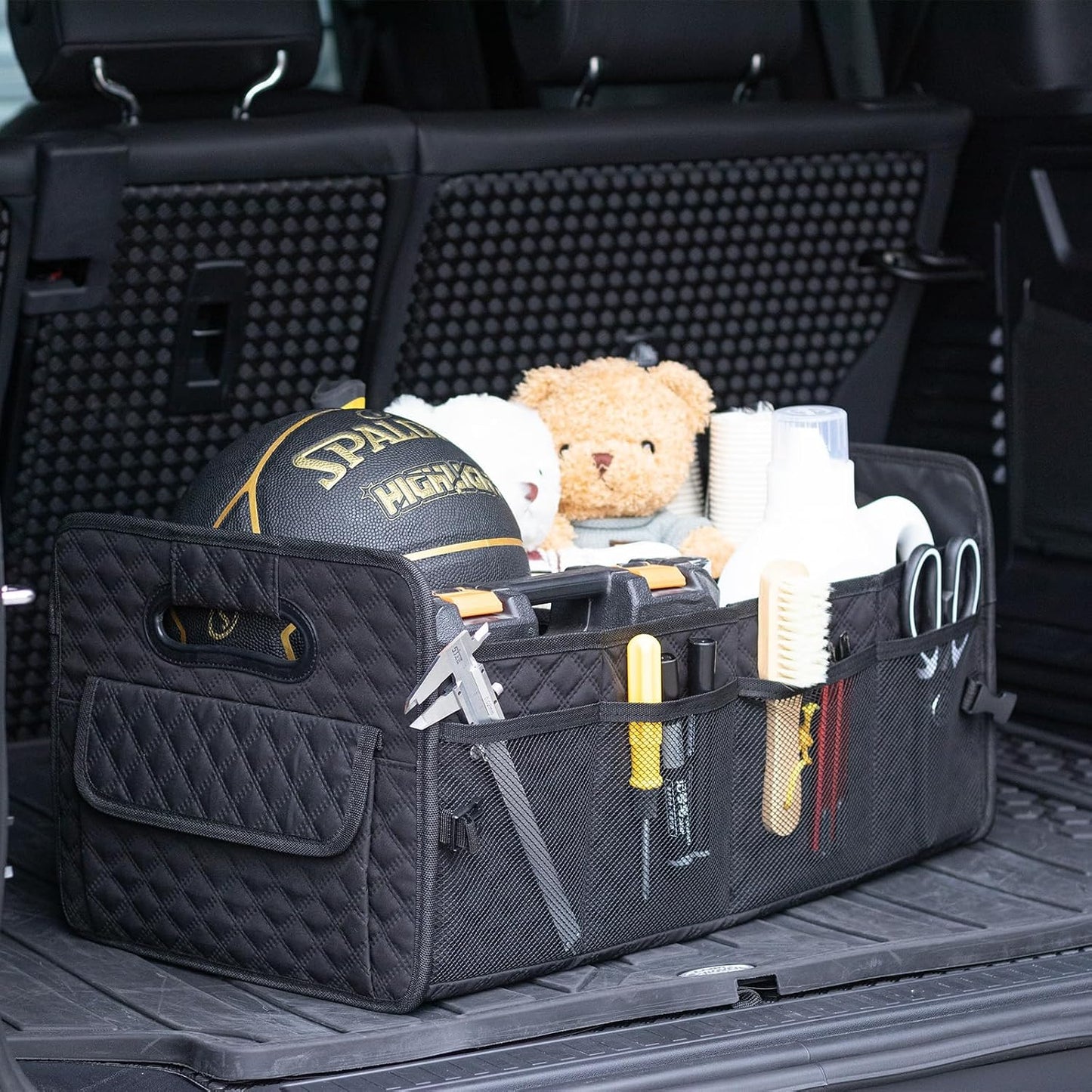 JiatuA Car Trunk Organizer for SUV, Collapsible Car Storage Organizer Black | Sturdy, Large Capacity, Diamond Decor, Multi Compartment Container Box Adjustable Car Accessories for Sedan Truck